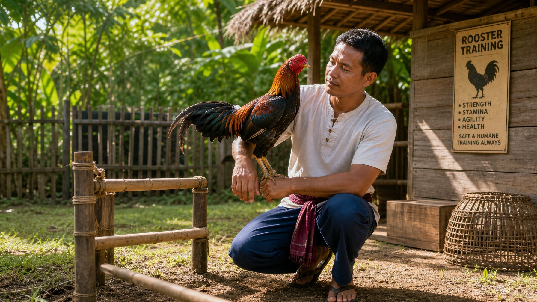 Seorang pria melatih ayam aduan dengan hati-hati di halaman belakang yang alami dan aman.