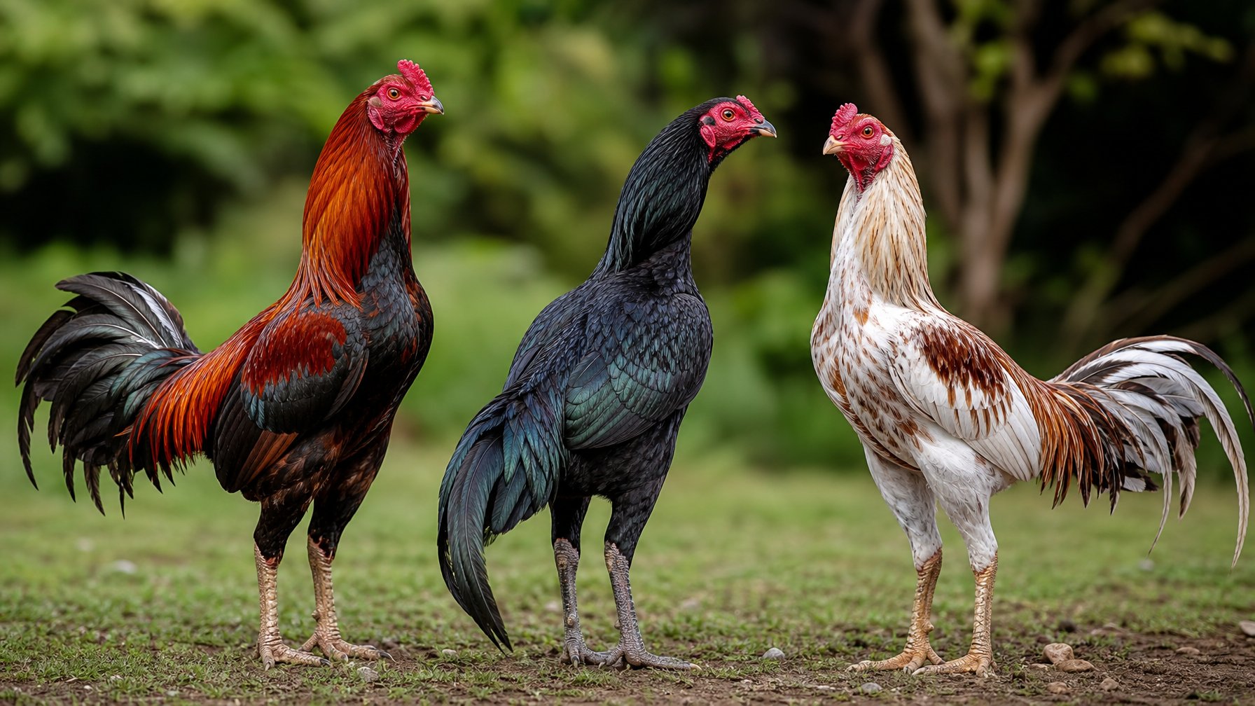 Tiga ayam aduan berbeda berdiri berdampingan di luar ruangan dengan latar belakang rumput dan pepohonan.