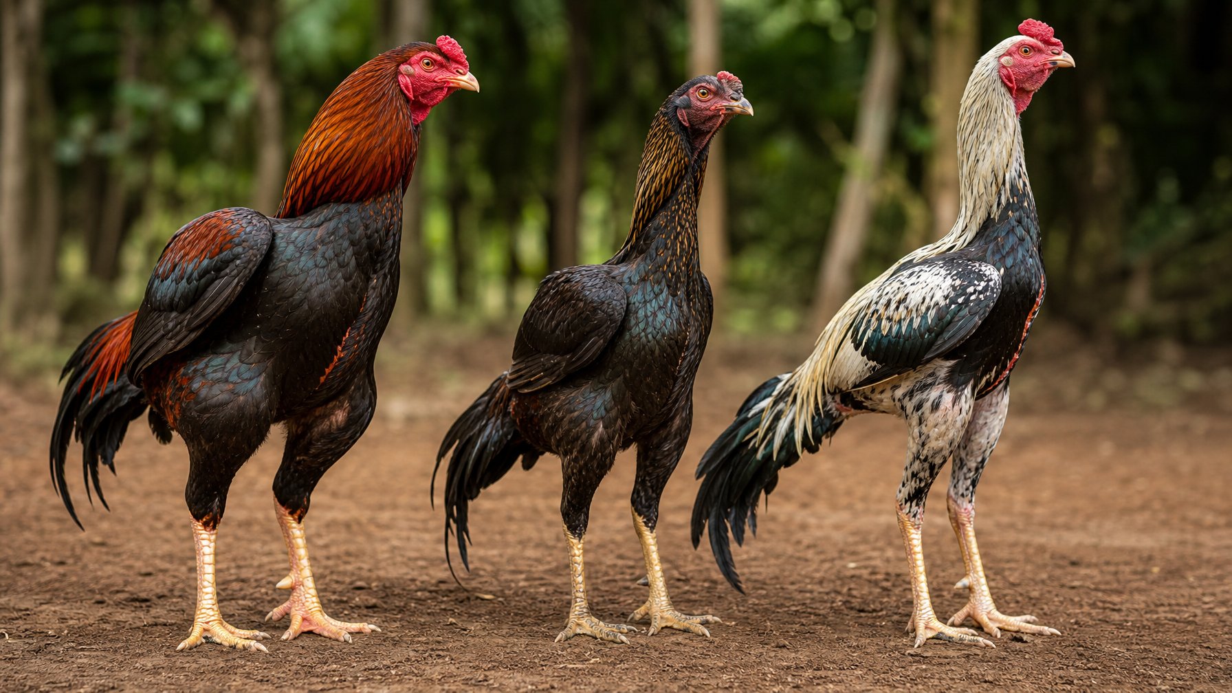 Tiga ayam aduan berbeda berdiri berdampingan di atas tanah, masing-masing dengan ciri khas bulu dan postur yang berbeda.