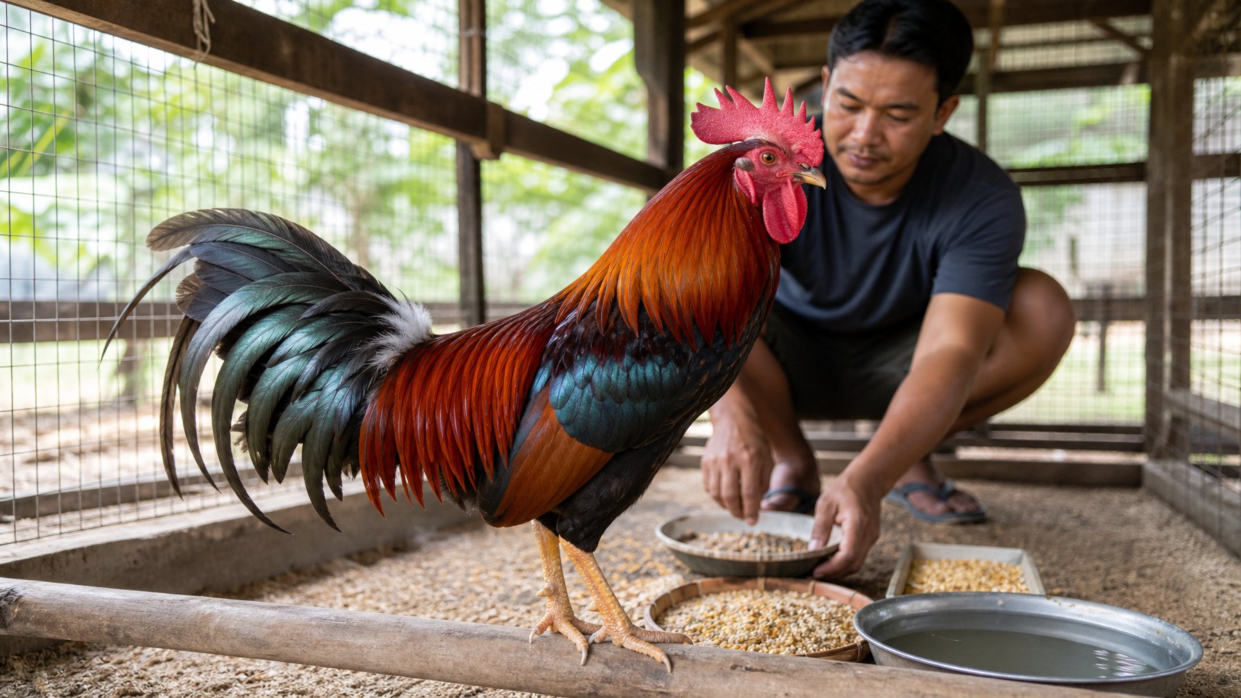 Seekor ayam aduan sehat berdiri di dalam kandang yang bersih dengan pakan dan air di sekitarnya, sementara seorang peternak merawatnya dengan hati-hati.