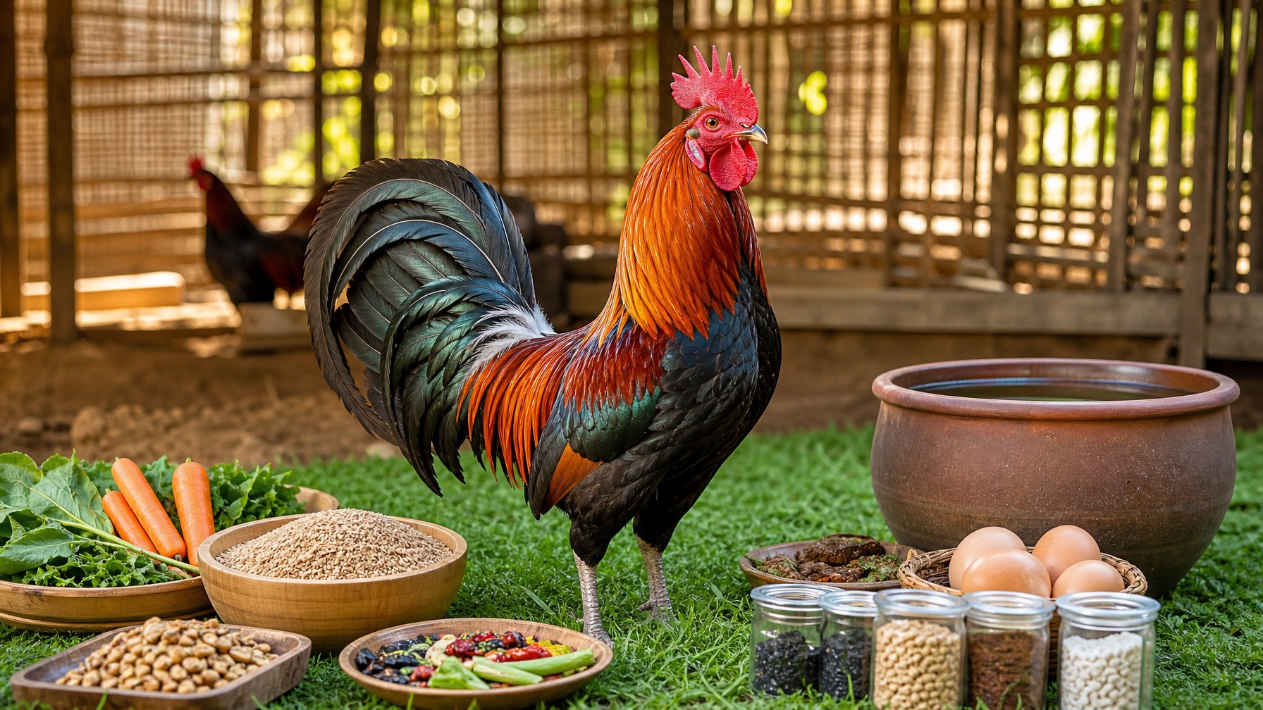 Seekor ayam aduan sehat berdiri di atas rumput hijau dengan makanan dan perawatan yang baik di sekitar kandang.
