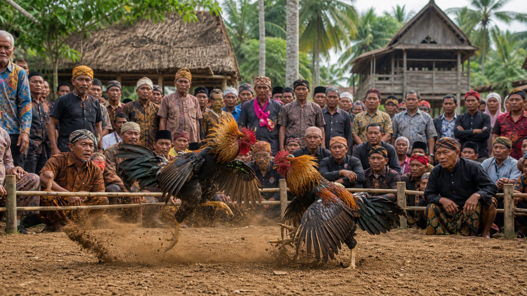Dua ayam jago sedang bertarung di arena terbuka dengan penonton mengenakan pakaian tradisional dari berbagai daerah Asia Tenggara.