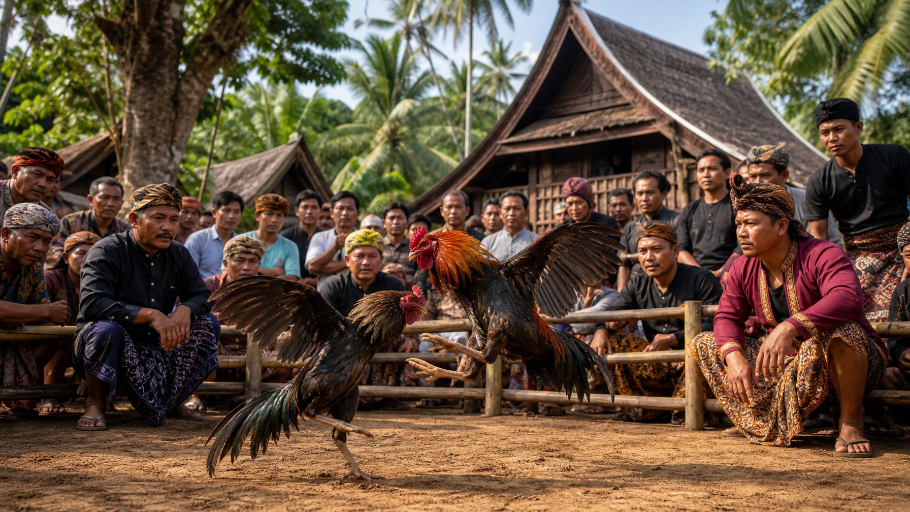 Sekelompok pria dari Asia Tenggara berkumpul di arena kayu tradisional menyaksikan dua ayam jago bertarung di luar ruangan dengan latar belakang rumah tradisional dan tanaman tropis.
