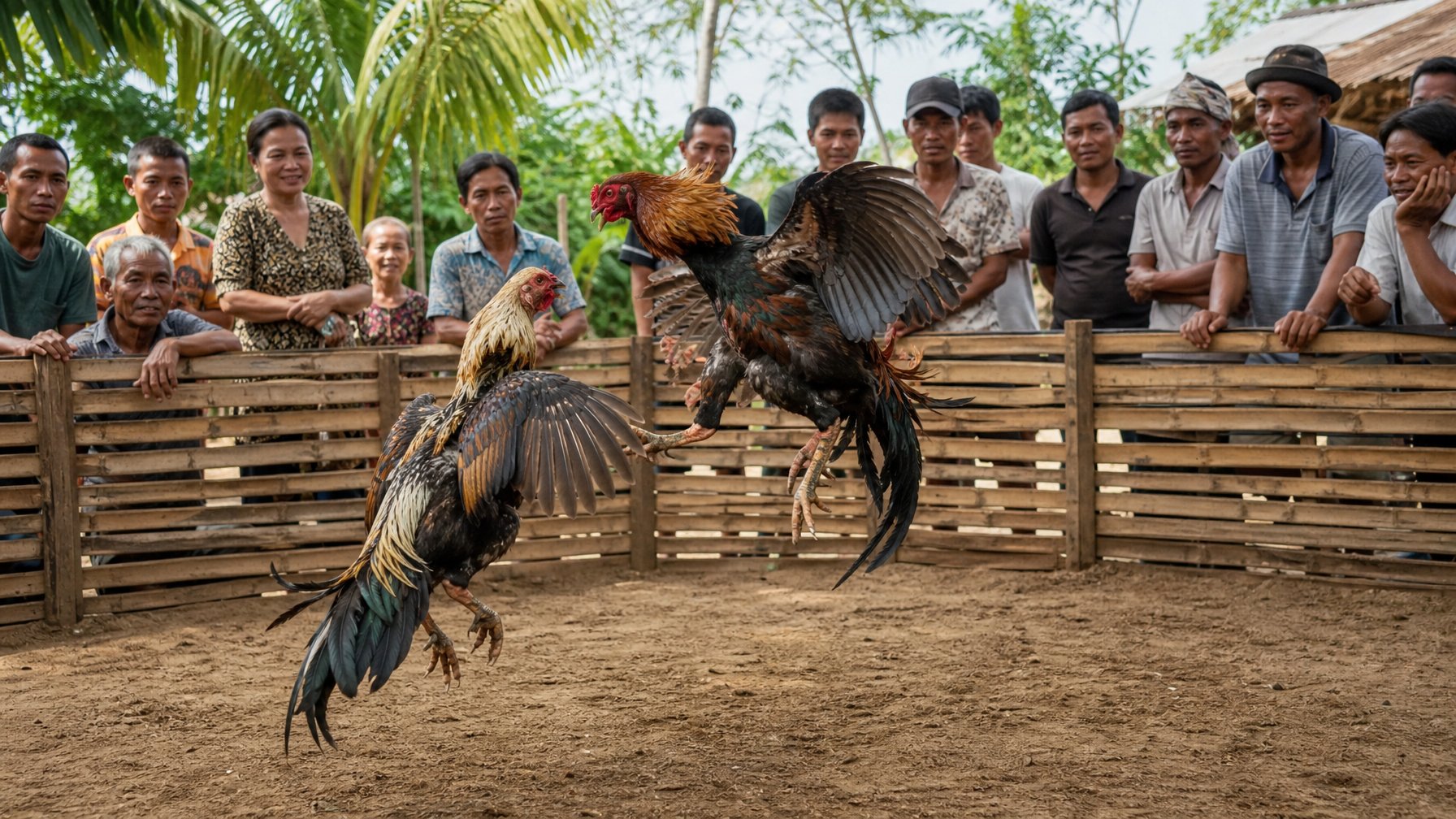 Dua ayam jago sedang bertarung di arena kayu dengan beberapa orang menonton di latar belakang di sebuah desa.