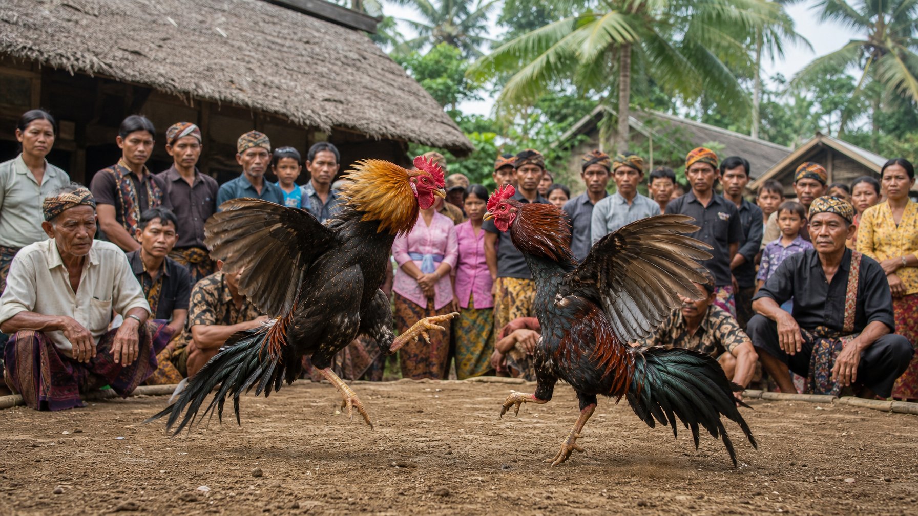 Dua ayam jago sedang bertarung di tengah desa tradisional Indonesia dengan beberapa penduduk yang menonton di sekitarnya.