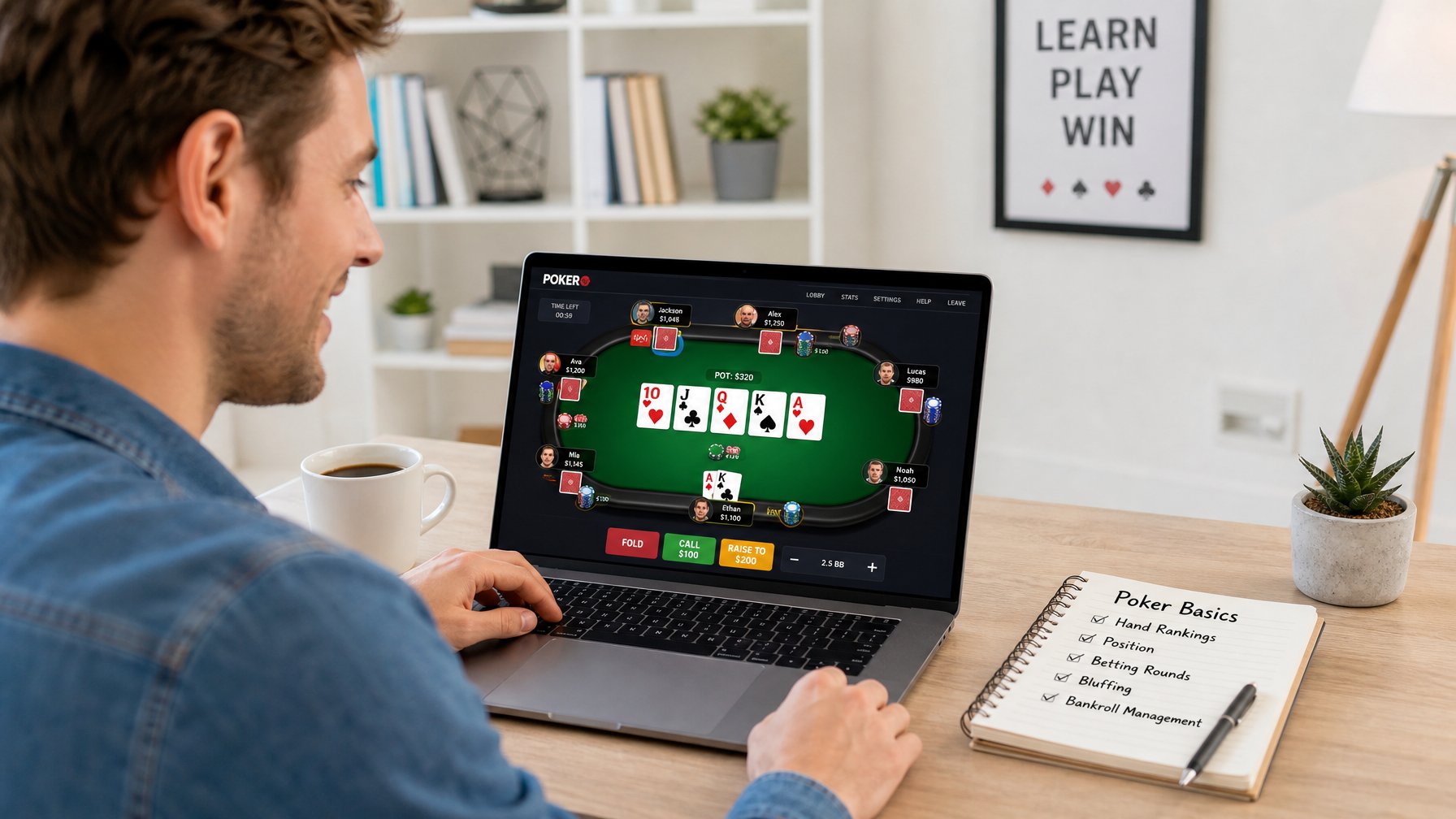 Seseorang muda sedang belajar bermain poker online di depan laptop di ruangan yang terang dan rapi.