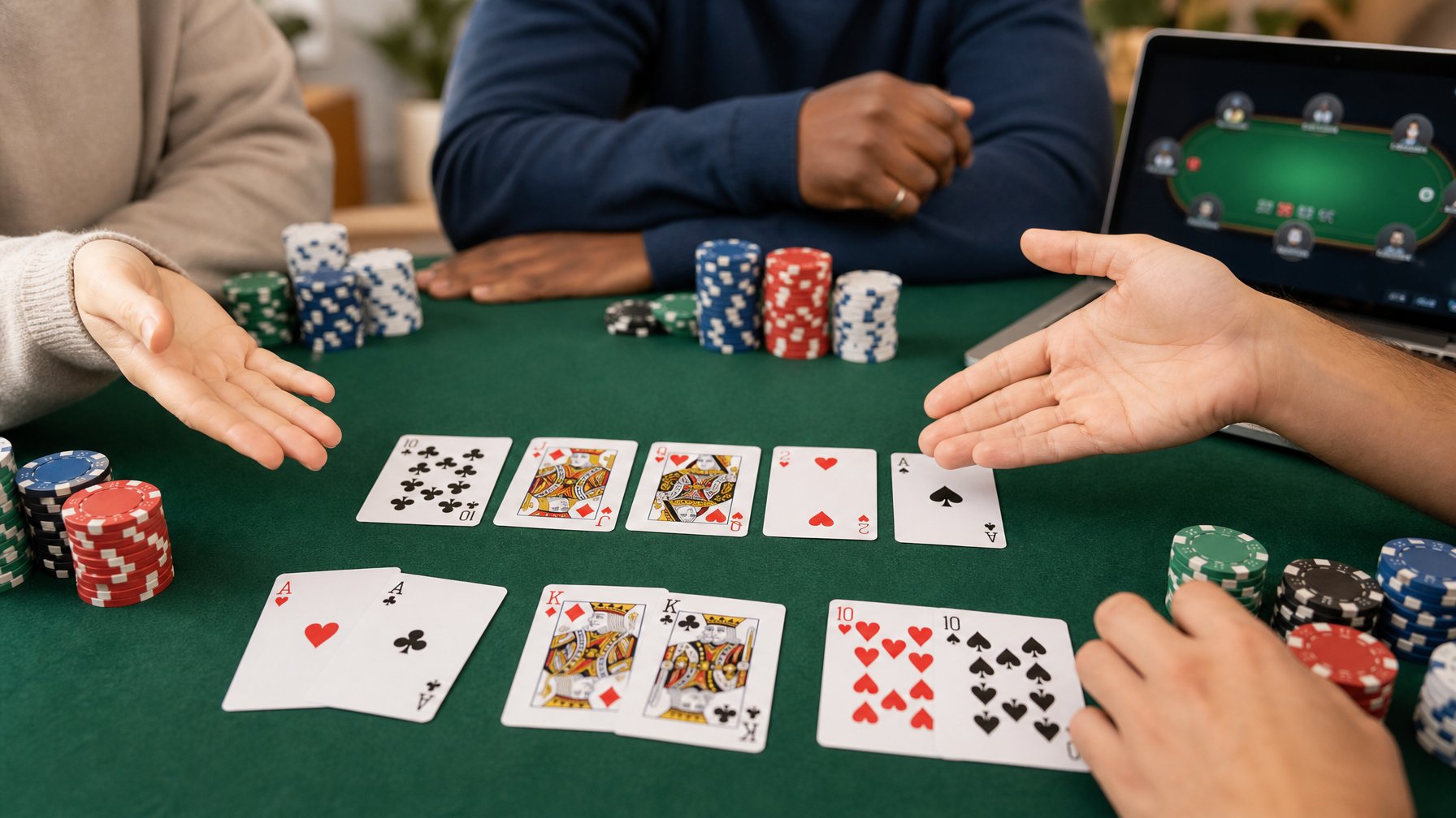 Meja poker dengan kartu dan chip, serta perangkat elektronik yang menunjukkan permainan poker online.