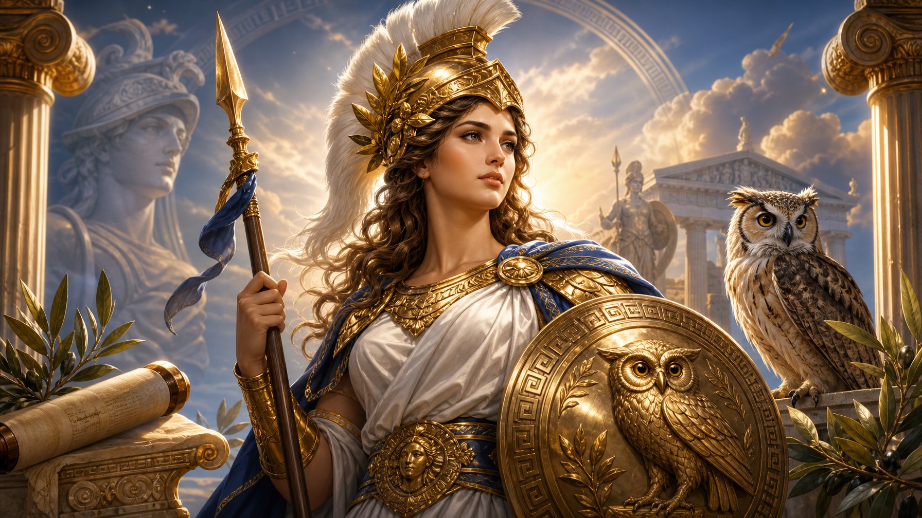 A Depiction Of The Greek Goddess Athena Standing With A Helmet, Spear, And Shield, Surrounded By An Owl, Olive Branches, Ancient Scrolls, And Greek Columns.