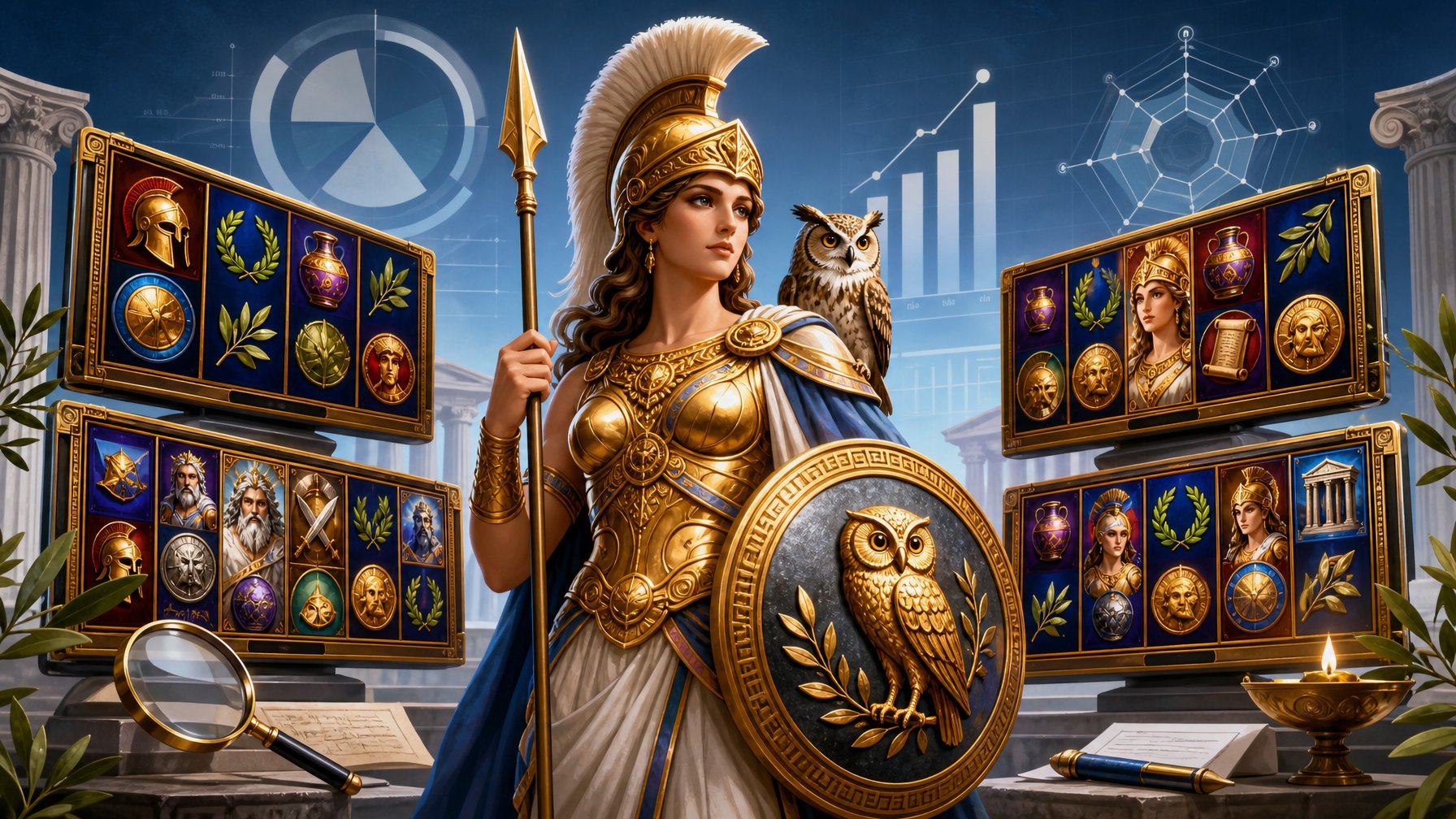 A Scene Showing The Greek Goddess Athena Surrounded By Multiple Slot Machine Screens With Ancient Greek Symbols, Alongside Visual Elements Representing Comparison And Assessment.