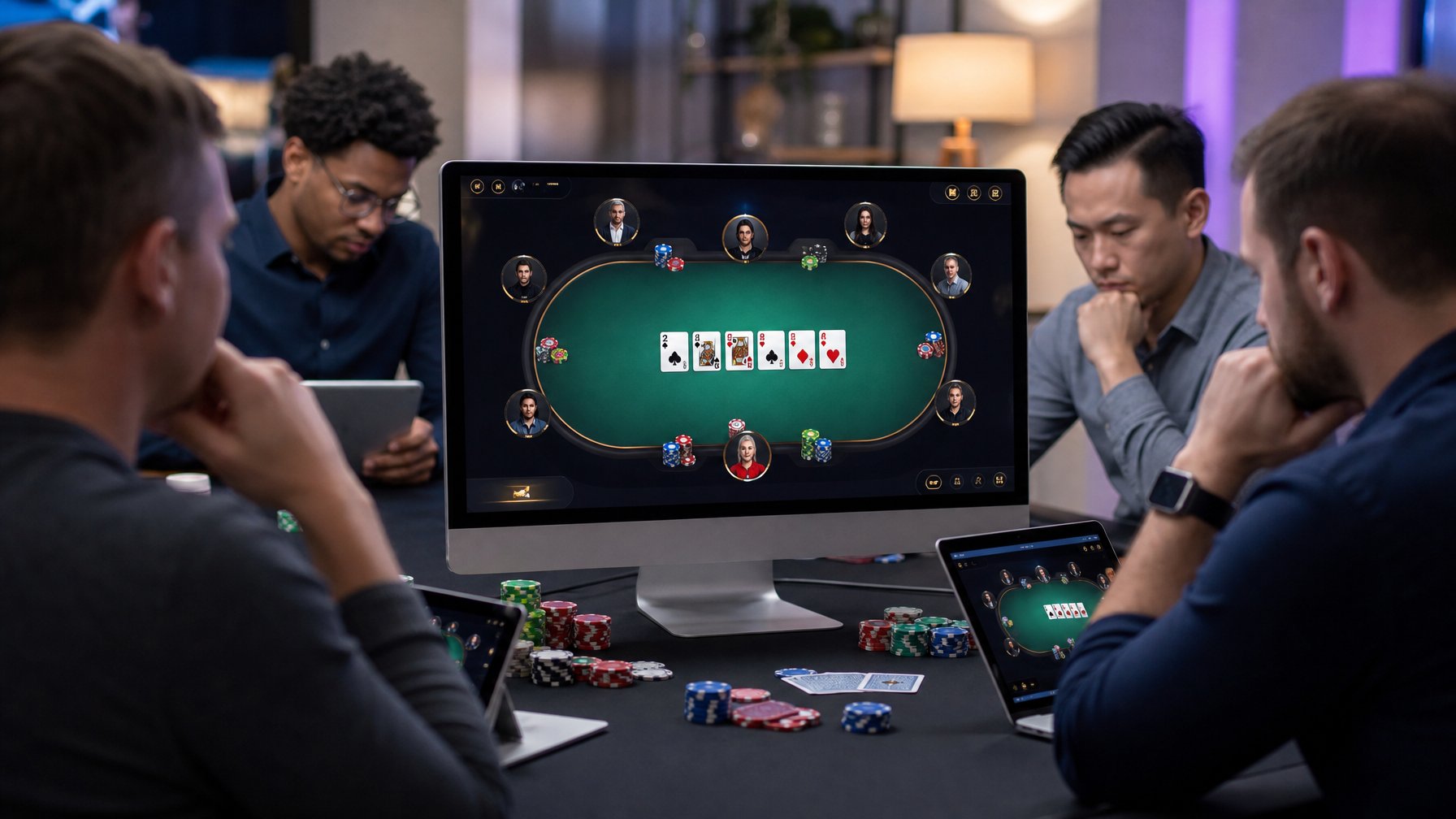 Beberapa pemain poker sedang bermain poker online di depan layar komputer dengan kartu dan chip poker di meja.