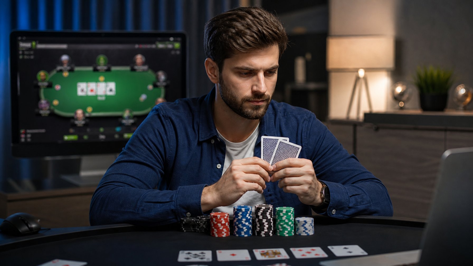 Seorang pria duduk di meja poker dengan kartu dan tumpukan chip, tampak fokus dan serius dalam bermain poker online.