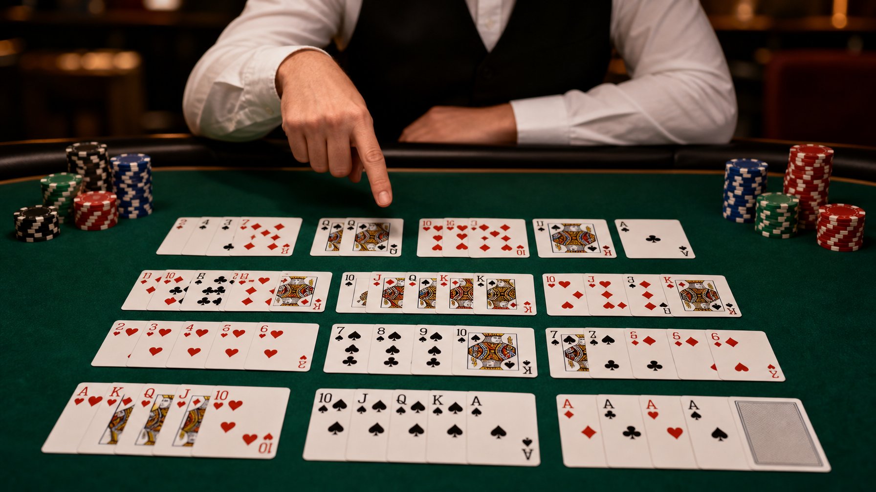 Meja poker dengan kartu yang tersusun rapi menunjukkan kombinasi kartu poker dari yang terendah hingga tertinggi, dengan tumpukan chip dan tangan dealer menunjuk ke kartu.