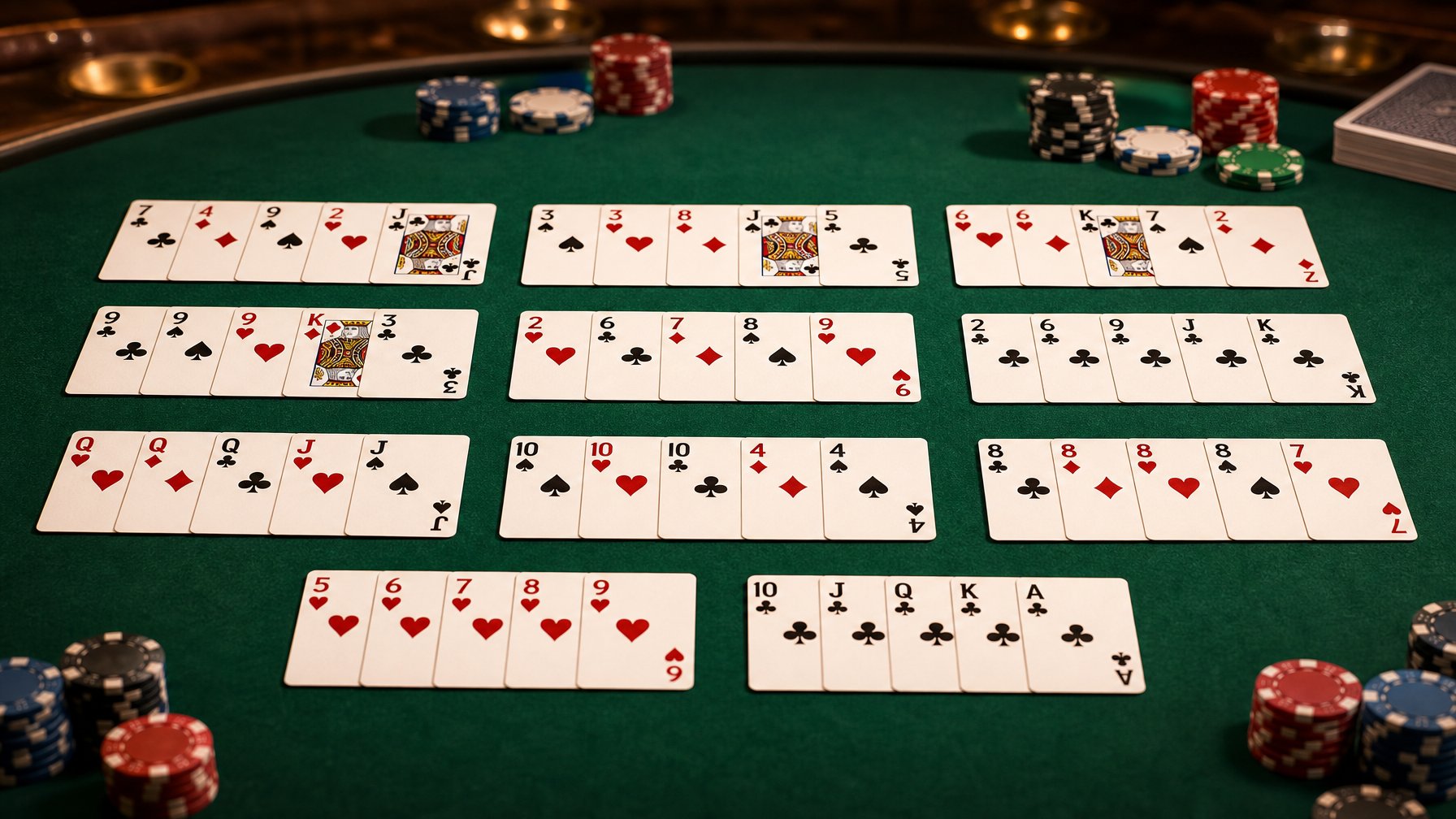 Meja poker dengan kartu yang tersusun rapi menunjukkan berbagai kombinasi kartu poker dari yang terendah hingga tertinggi.
