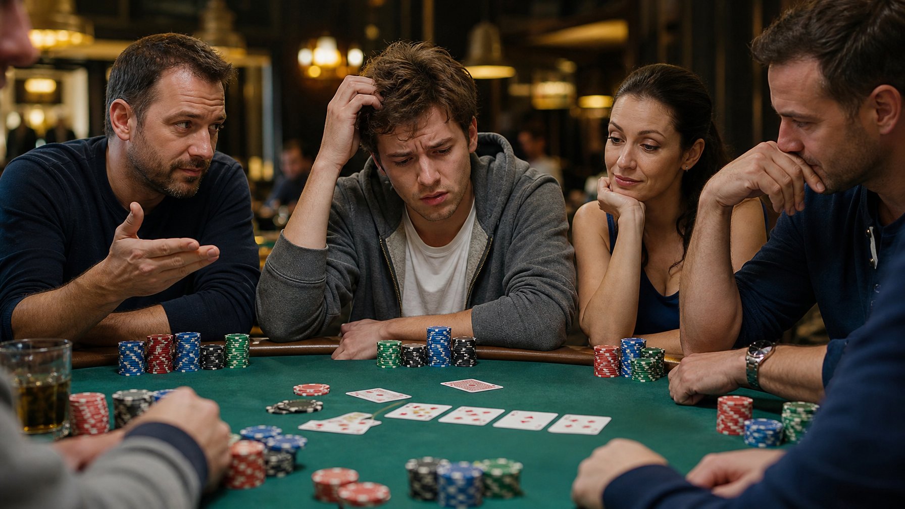 Seorang pemain poker pemula duduk di meja poker dengan ekspresi bingung, dikelilingi oleh pemain berpengalaman yang memberikan isyarat dan memperhatikan permainan.