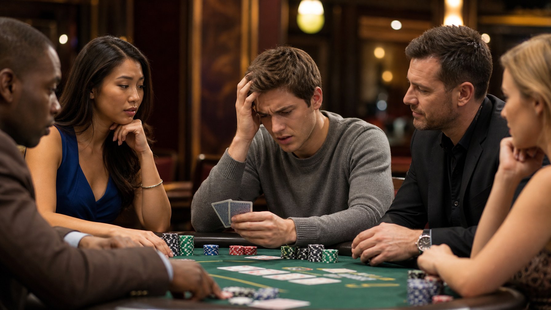 Sekelompok pemain poker di meja dengan seorang pemula yang tampak bingung dan frustrasi memegang kartu, sementara pemain lain mengamati dengan ekspresi perhatian.