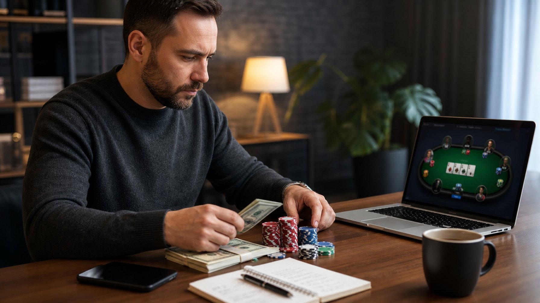 Seorang pria fokus mengatur chip poker dan uang di depan laptop yang menampilkan permainan poker online di sebuah meja kayu.
