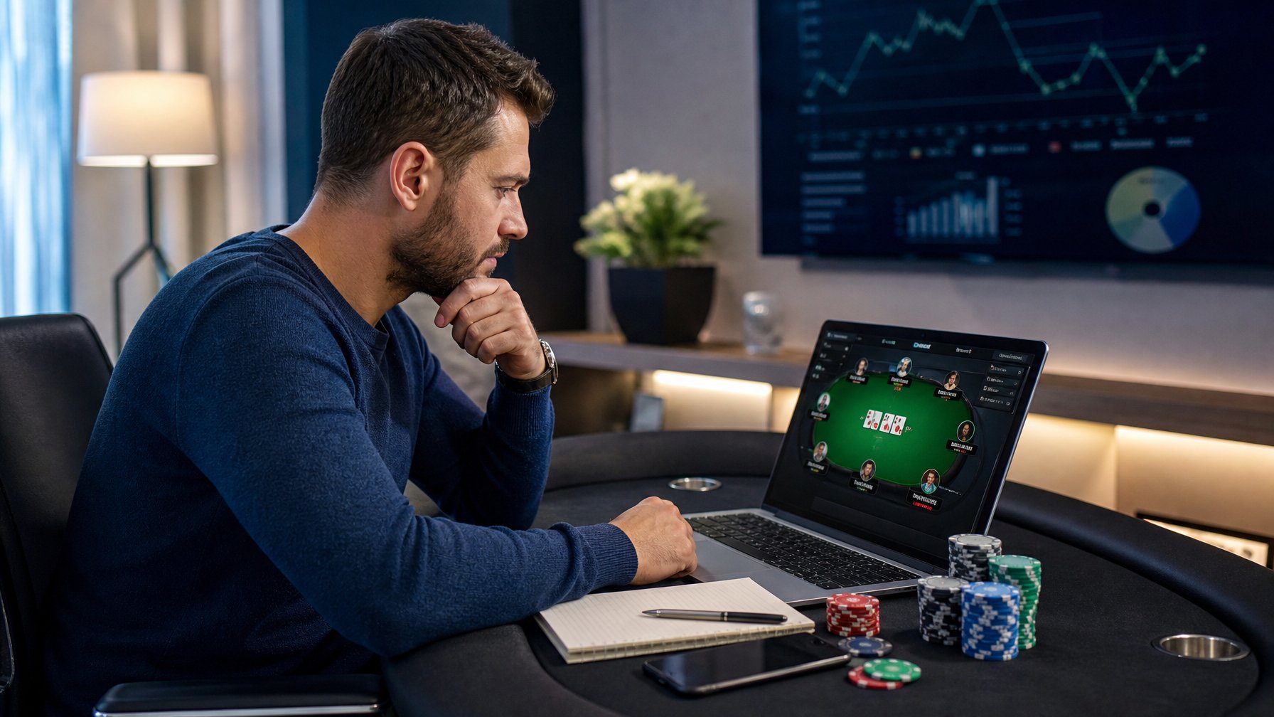 Seorang pria duduk di meja poker dengan tumpukan chip dan laptop yang menampilkan permainan poker online, terlihat fokus dan tenang mengelola modal.