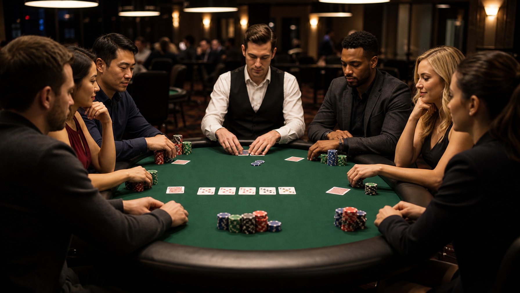 Meja poker dengan beberapa pemain duduk mengelilingi, menampilkan posisi-posisi meja dalam permainan poker.