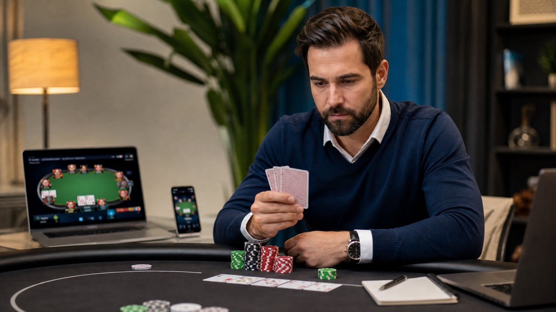 Seorang pria dewasa duduk di meja poker dengan ekspresi fokus, memegang kartu dan dikelilingi chip poker serta perangkat digital di latar belakang.