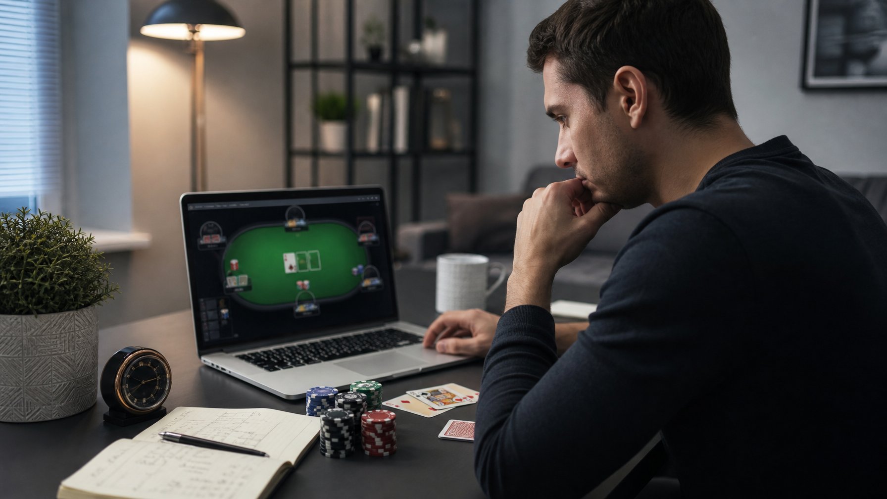 Seseorang yang fokus bermain poker online di depan laptop dengan chip poker dan kartu di meja, menunjukkan konsentrasi dan disiplin.