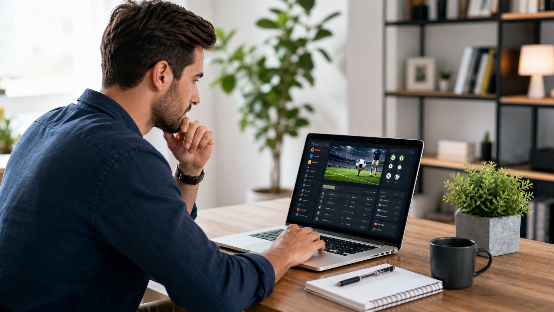 Seorang pemula sedang duduk di meja dengan laptop yang menampilkan situs taruhan bola resmi, tampak fokus dan mempelajari pilihan dengan serius.