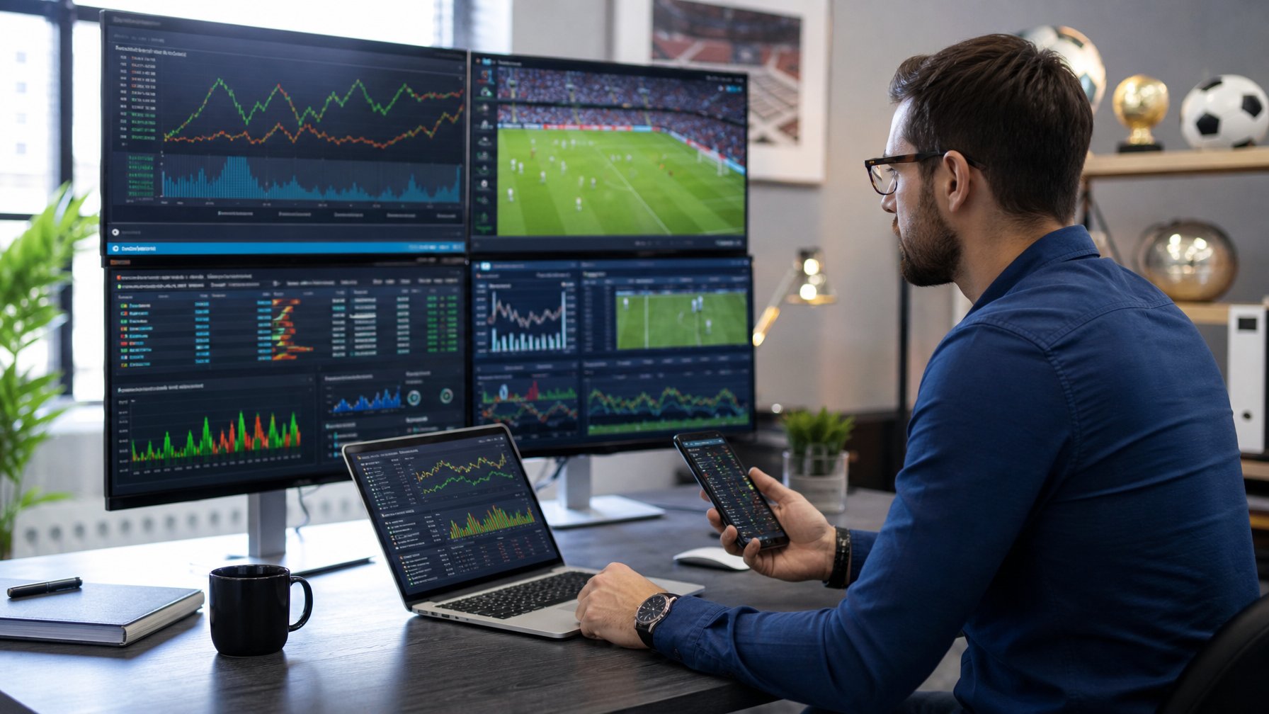 Seorang pria di meja kerja dengan beberapa layar komputer menampilkan statistik dan peluang taruhan sepak bola online.