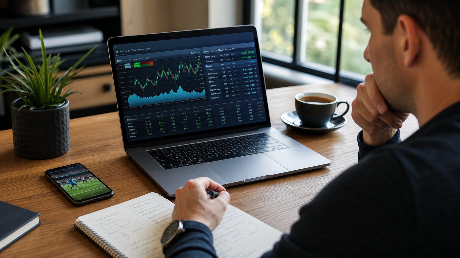 Seorang pria sedang menganalisis data taruhan olahraga di depan laptop di meja kerja dengan catatan dan ponsel di sekitarnya.