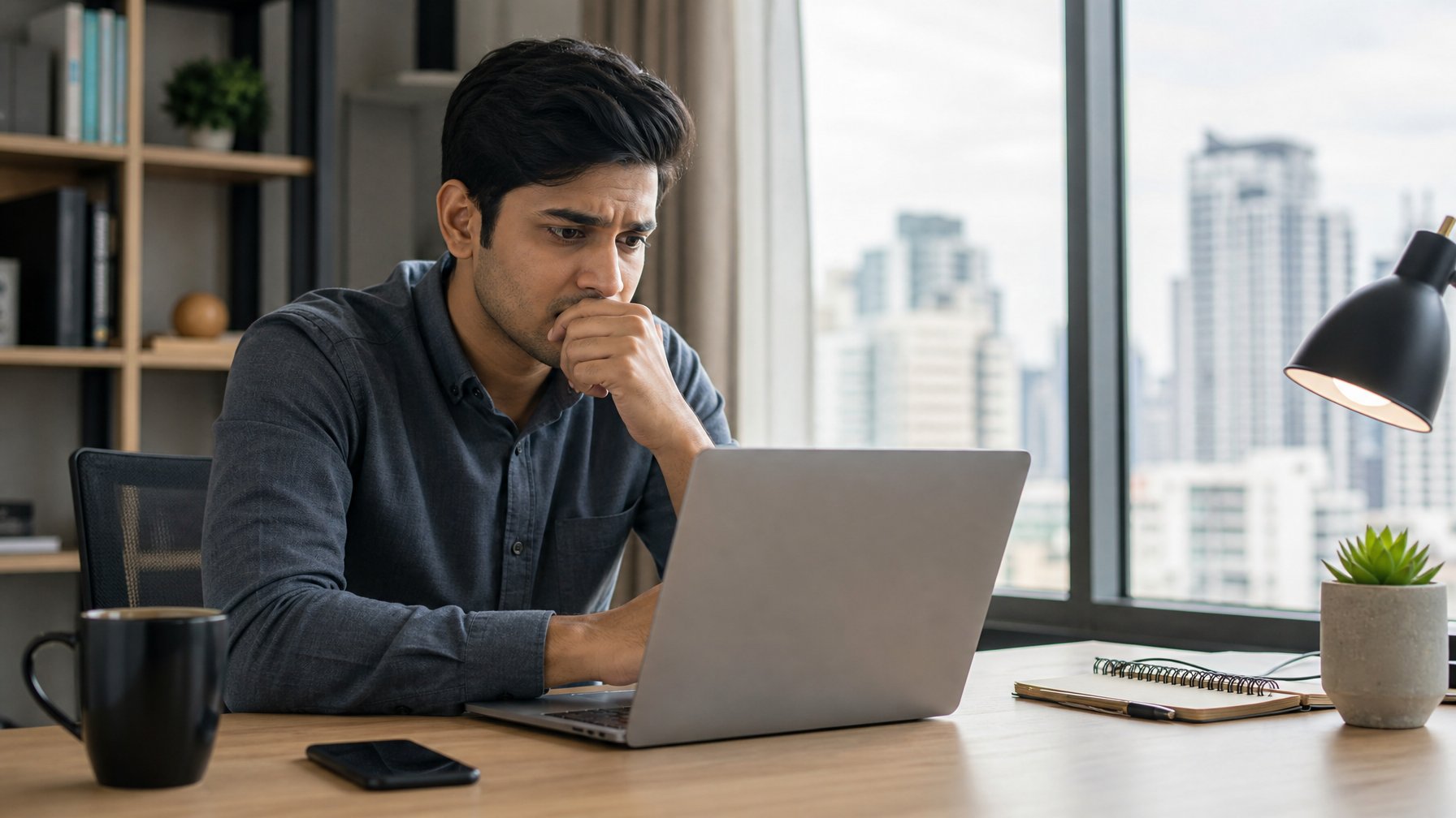 Seorang pria muda duduk di depan laptop dengan ekspresi khawatir di ruang kerja rumah yang terang.