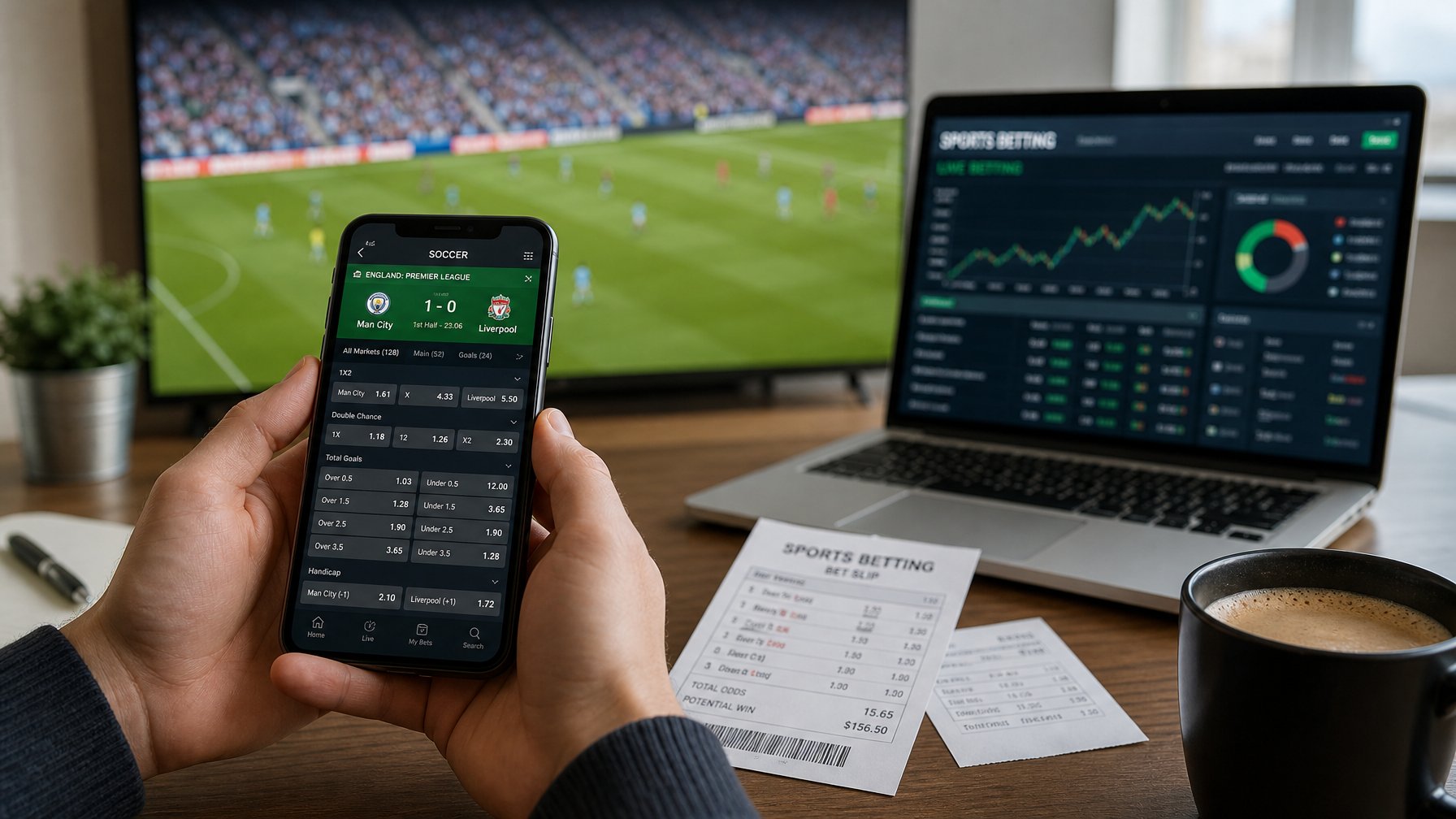 Seseorang memegang ponsel yang menampilkan aplikasi taruhan sepak bola dengan layar pertandingan sepak bola langsung di latar belakang.