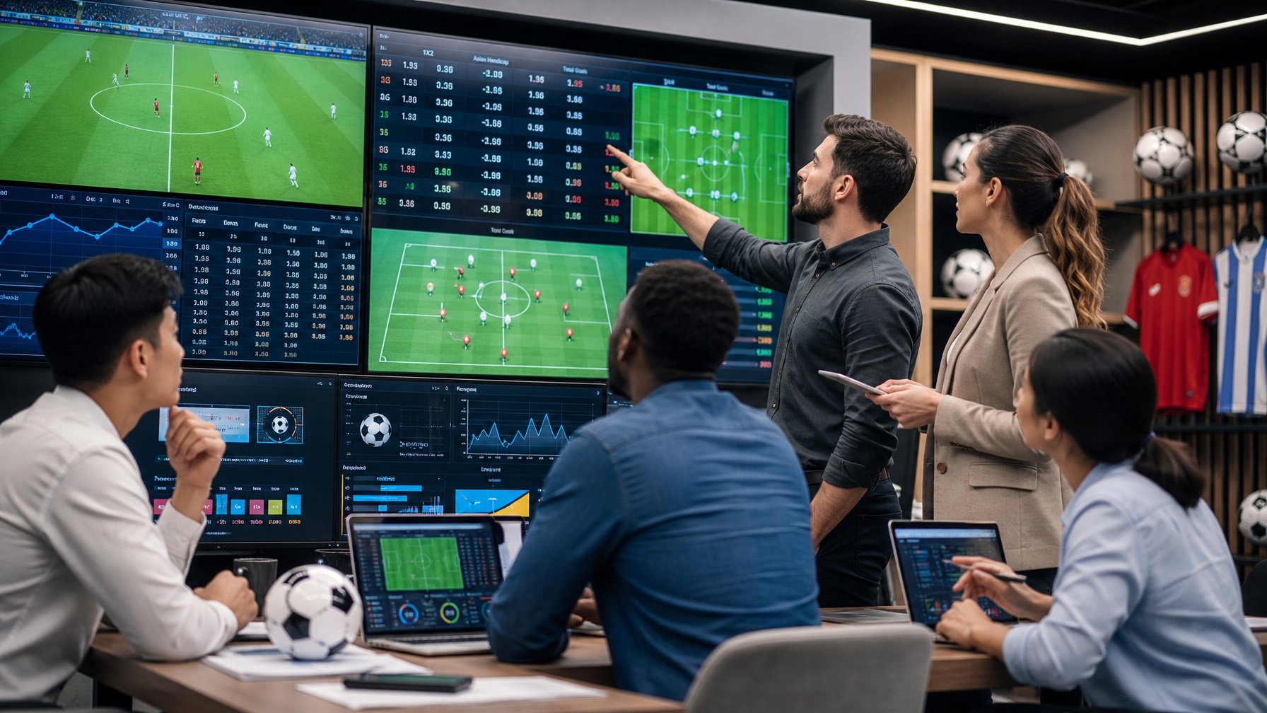 Beberapa orang sedang melihat layar besar yang menampilkan statistik dan grafik taruhan sepak bola di sebuah ruang modern.