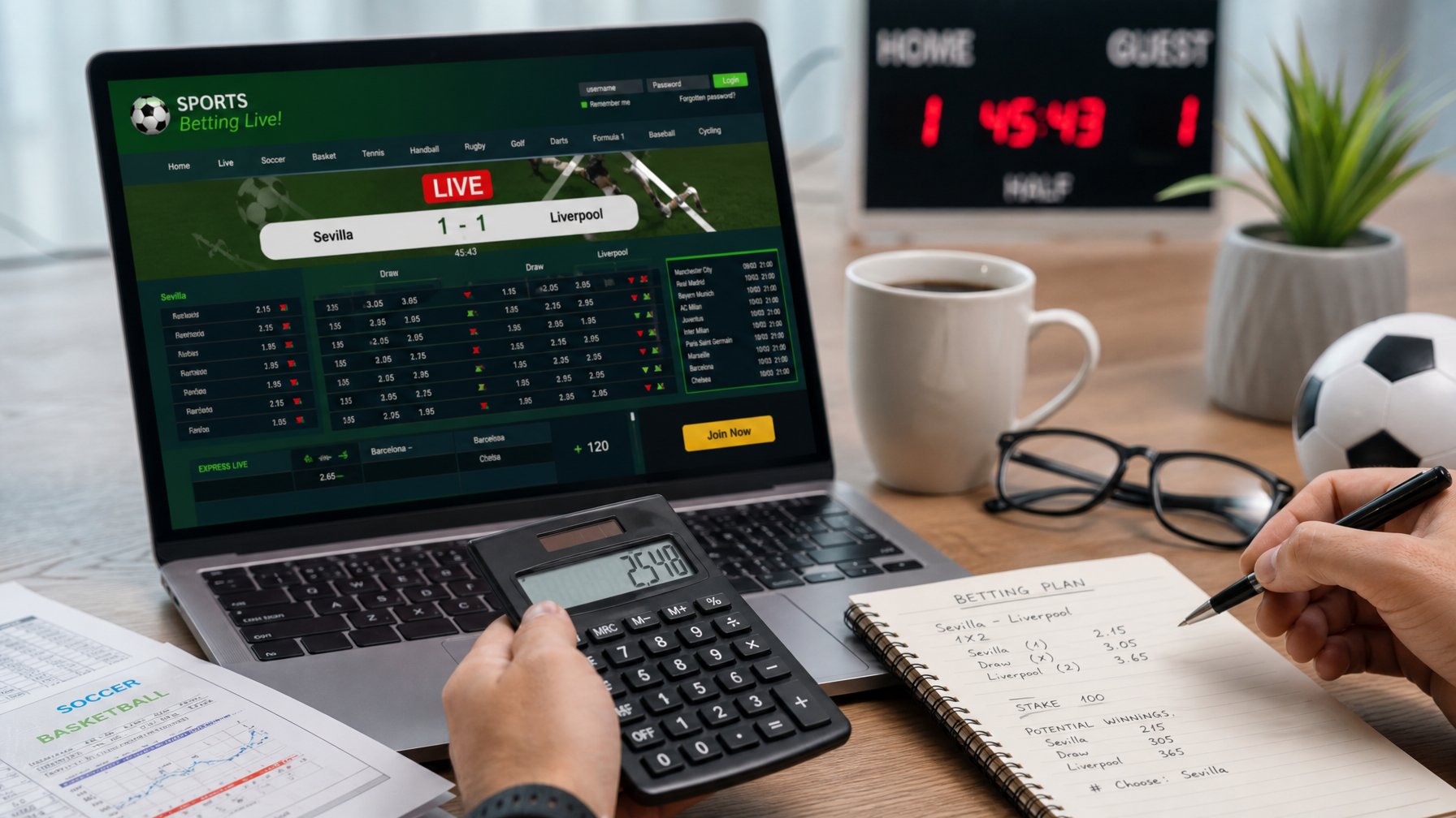 Seorang pria sedang menghitung keuntungan taruhan bola di depan laptop dengan kalkulator dan catatan di meja kerja yang rapi.