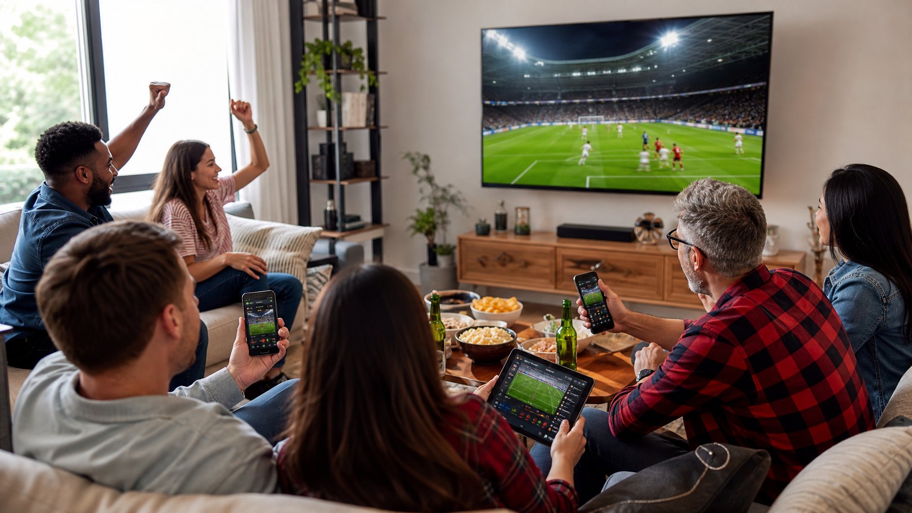 Sekelompok orang menonton pertandingan sepak bola secara langsung di televisi besar di ruang tamu yang nyaman, beberapa menggunakan ponsel dan tablet untuk taruhan online.