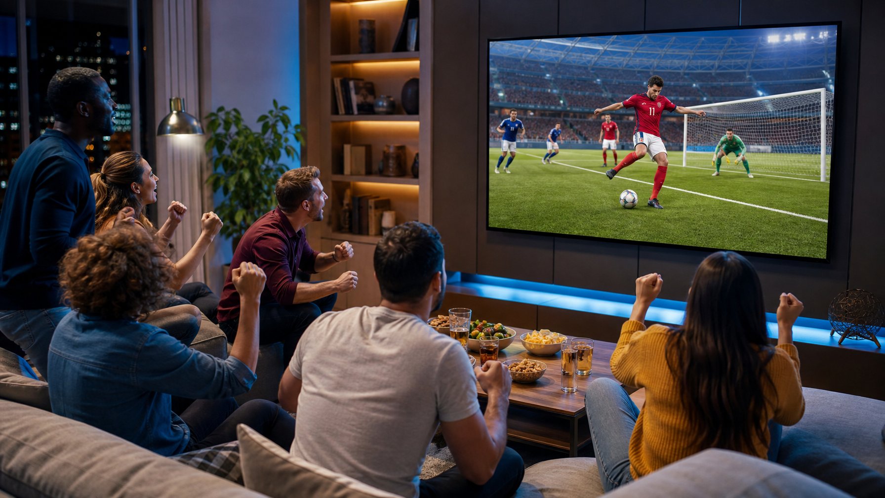 Sekelompok orang menonton pertandingan sepak bola secara langsung di layar besar di ruang tamu yang nyaman.
