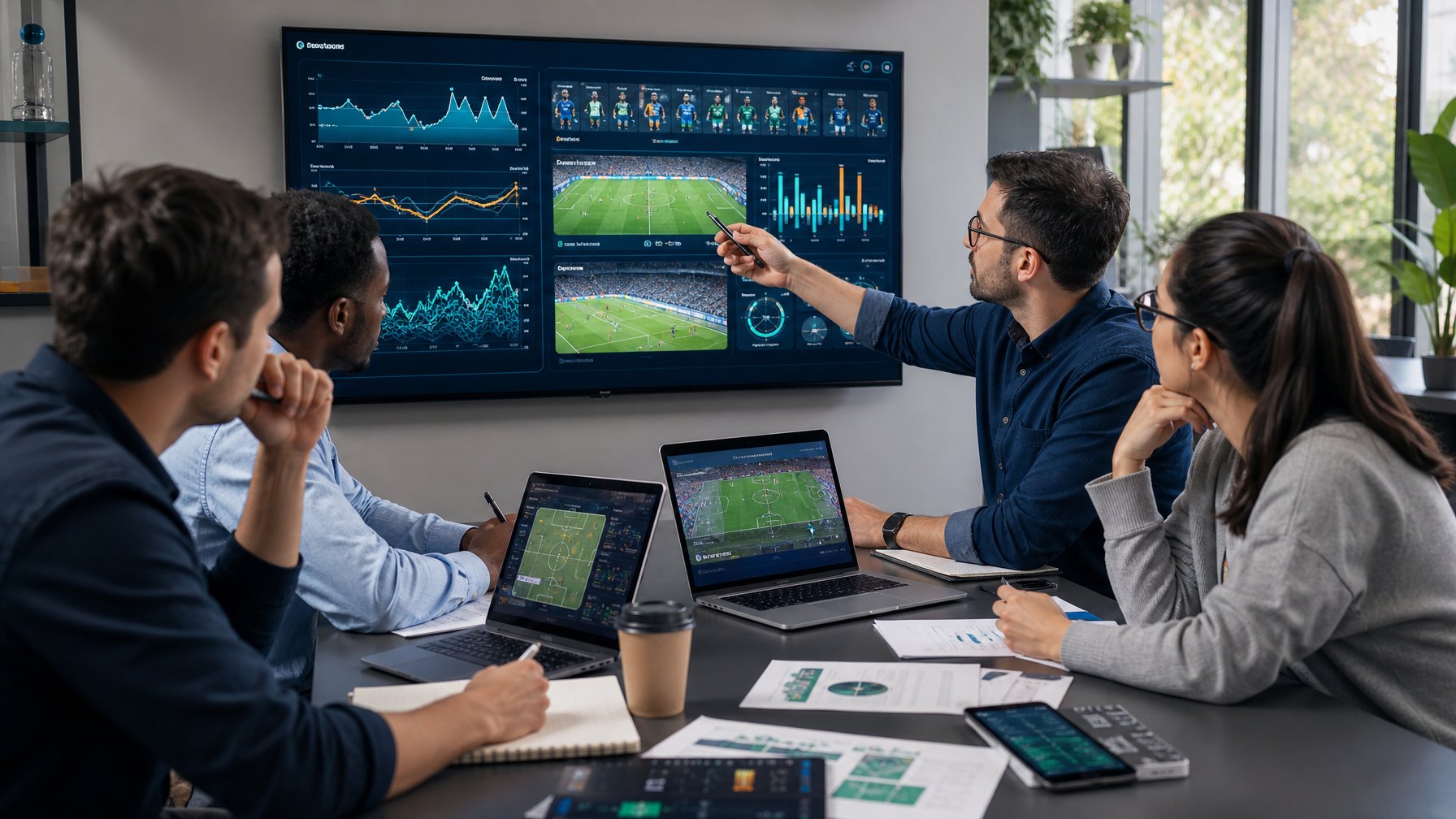 Sekelompok profesional sedang menganalisis data statistik pertandingan sepak bola di ruang kantor modern.