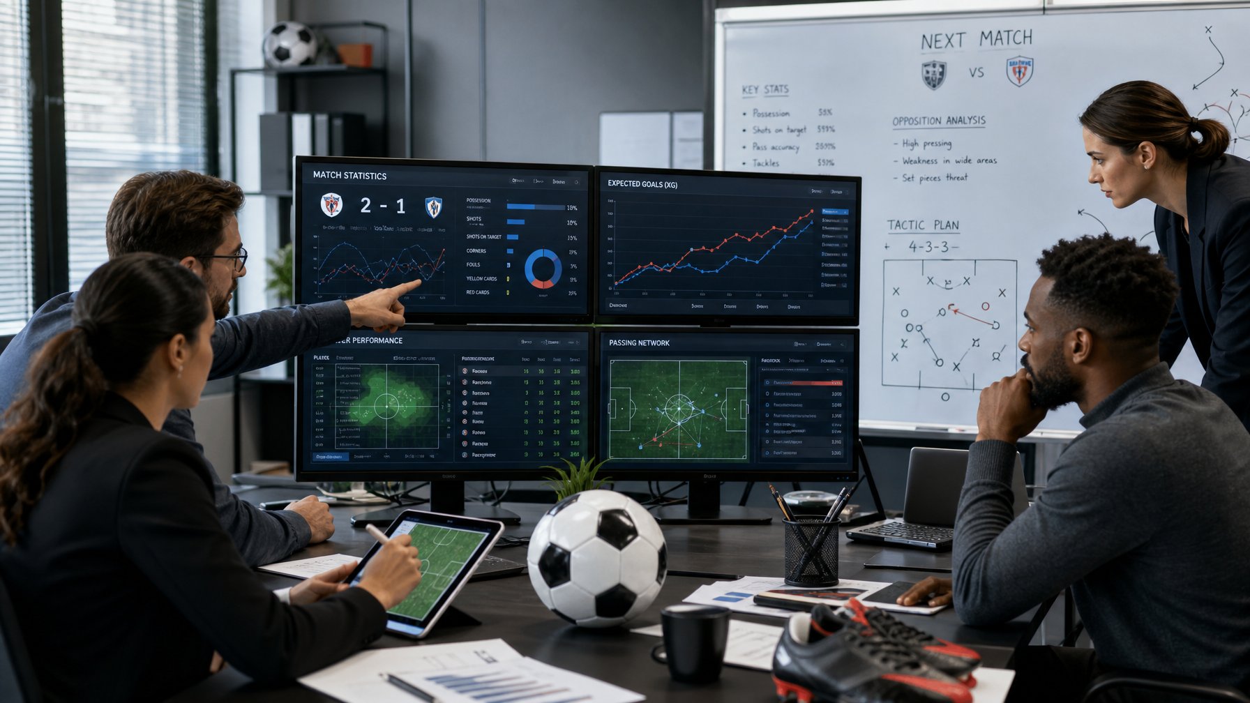 Sekelompok analis sedang bekerja dengan komputer dan grafik statistik pertandingan sepak bola di sebuah kantor modern.