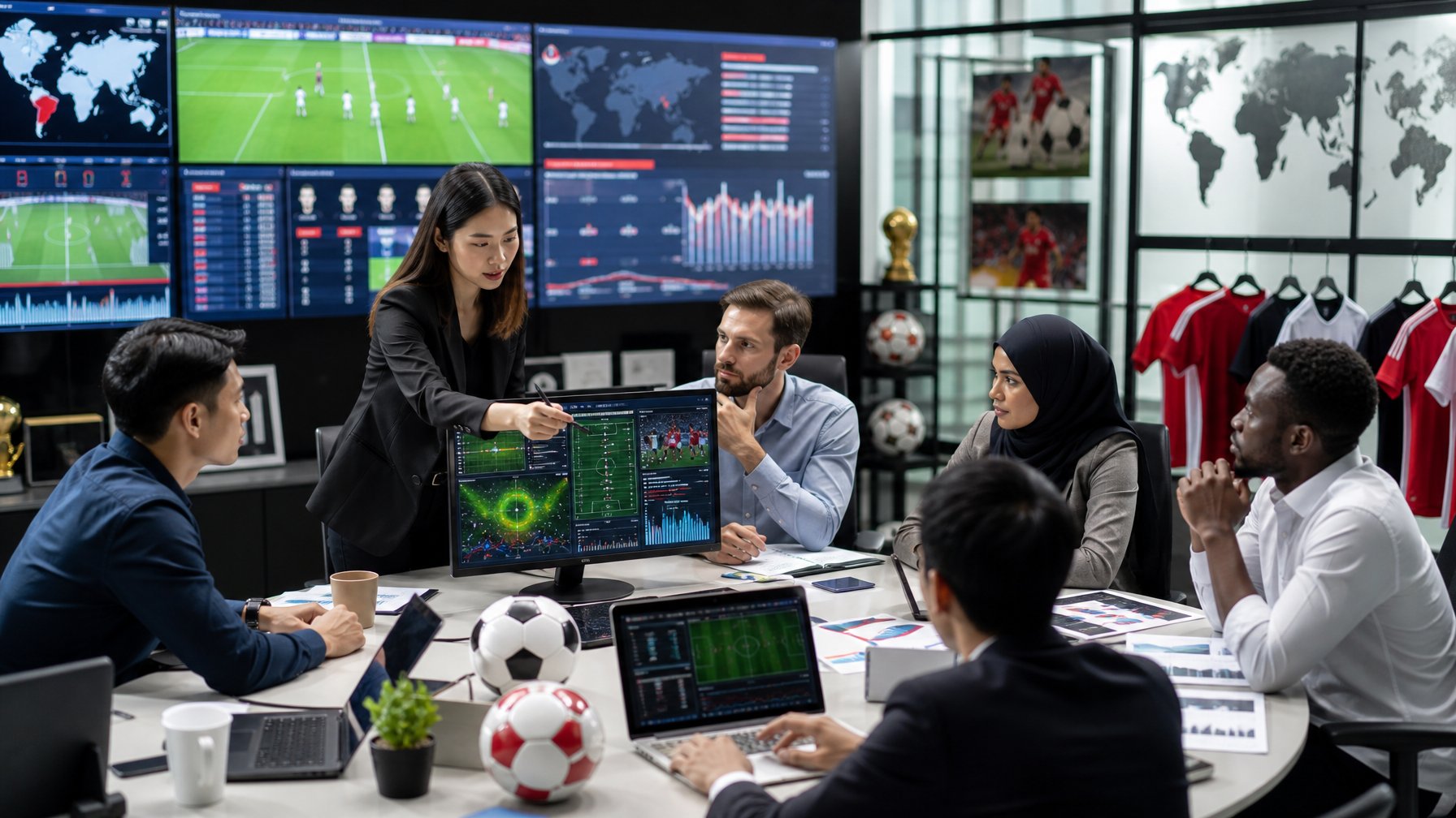Orang-orang profesional sedang menganalisis statistik dan peluang taruhan sepak bola Liga Indonesia di sebuah kantor modern.