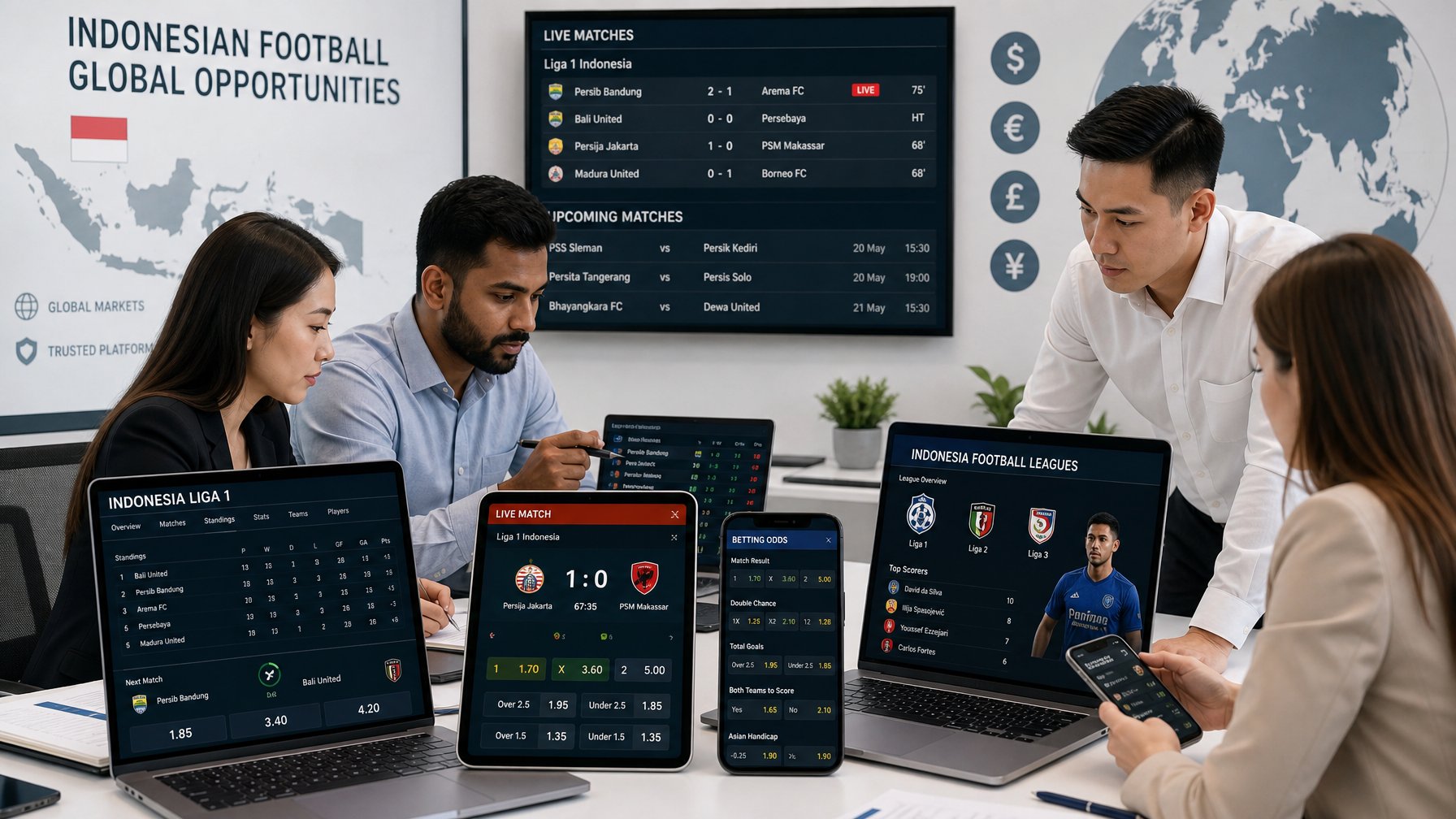 Beberapa orang profesional duduk di ruang kerja modern dengan perangkat digital yang menampilkan statistik dan peluang taruhan sepak bola Liga Indonesia.