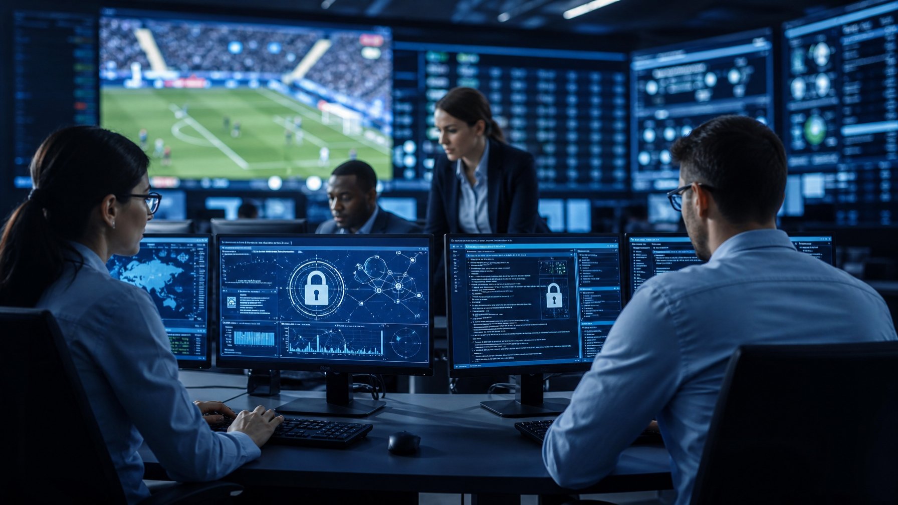 Tim profesional sedang bekerja dengan komputer dan layar yang menampilkan sistem keamanan data di lingkungan taruhan bola resmi.