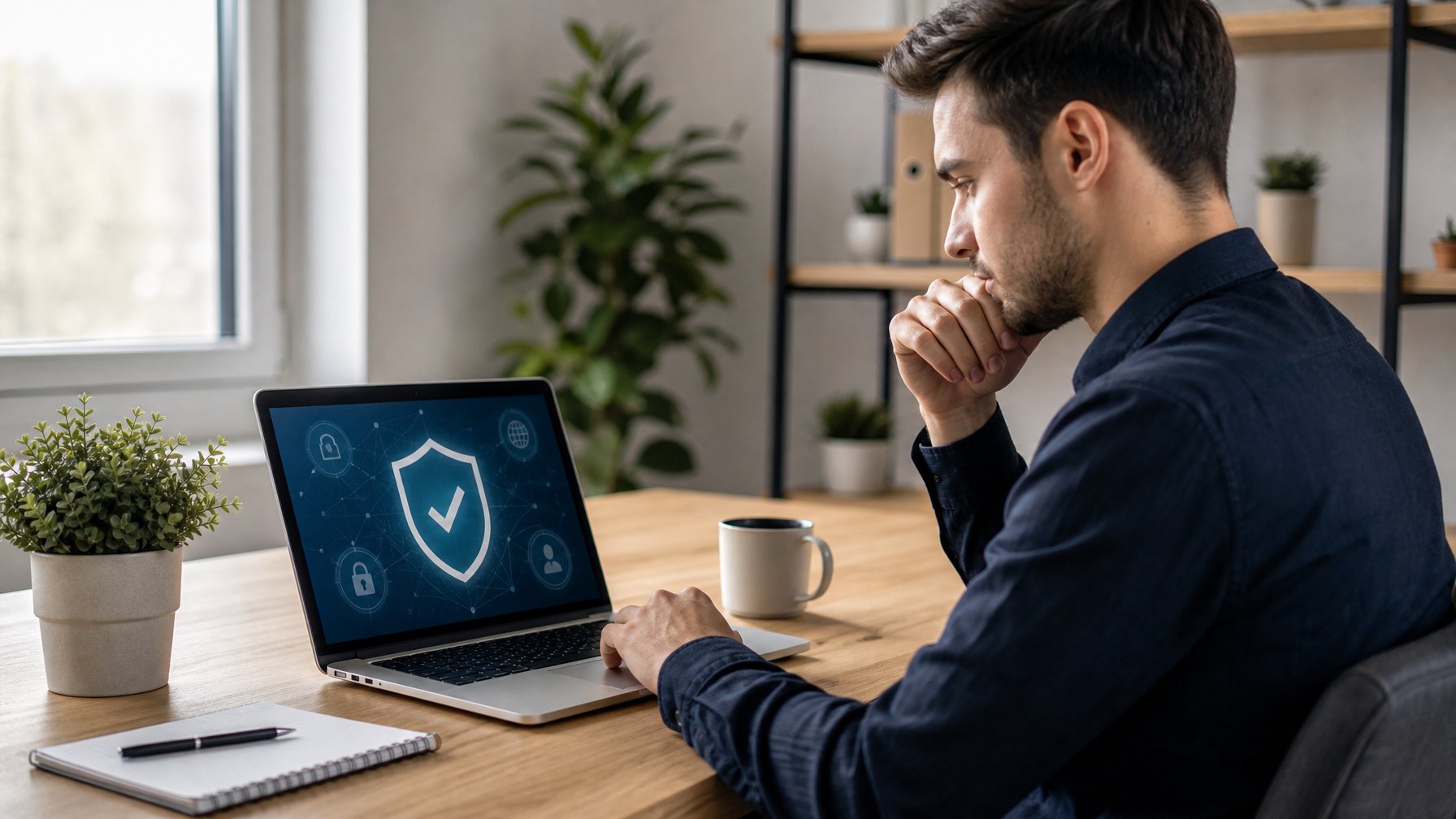 Seorang dewasa muda duduk di meja dengan laptop, sedang meneliti situs togel online dengan suasana kantor rumah yang rapi dan tenang.