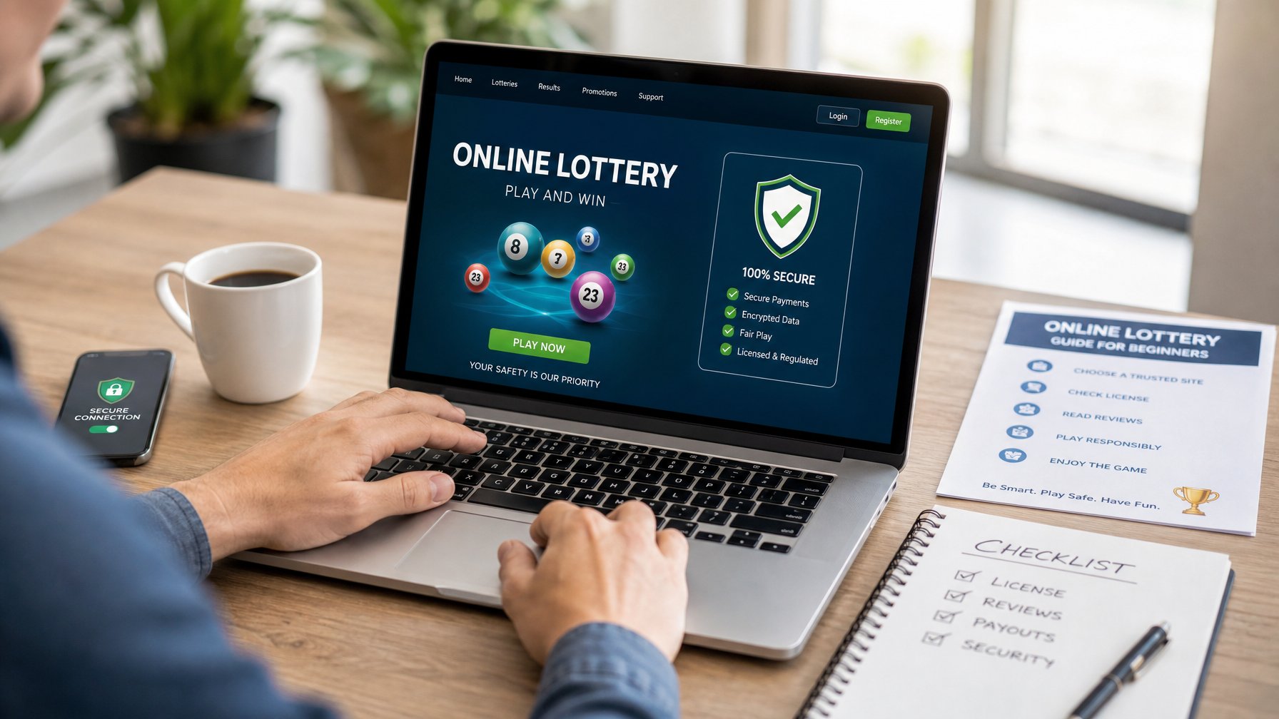 Seseorang menggunakan laptop dengan tampilan antarmuka platform togel online yang aman di meja kerja dengan smartphone dan kopi.