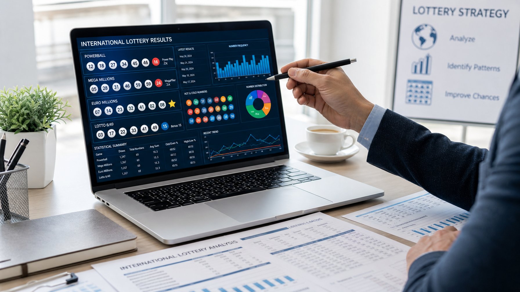 Seorang profesional sedang menganalisis data keluaran togel di depan laptop dengan grafik dan angka di meja kerja modern.