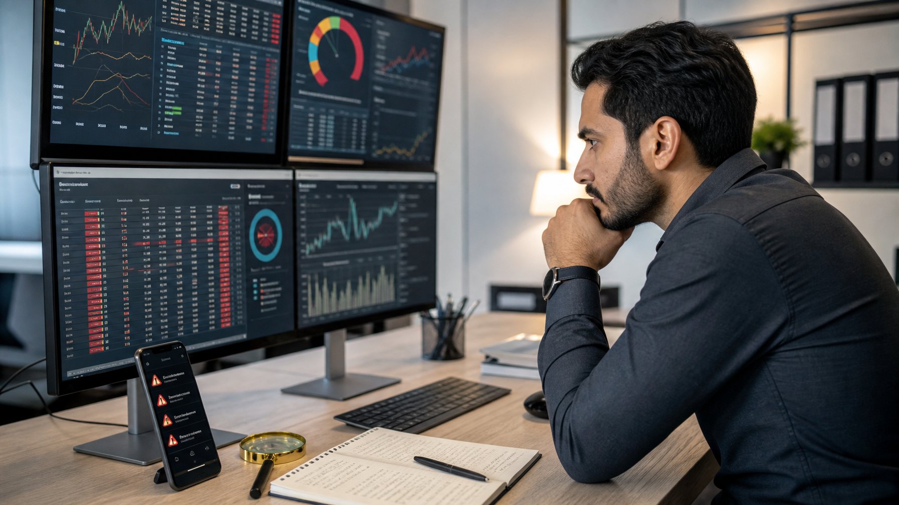 Seorang pria serius duduk di meja modern sambil melihat beberapa layar komputer yang menampilkan data dan grafik terkait aktivitas togel online, dengan suasana kantor yang terang dan rapi.
