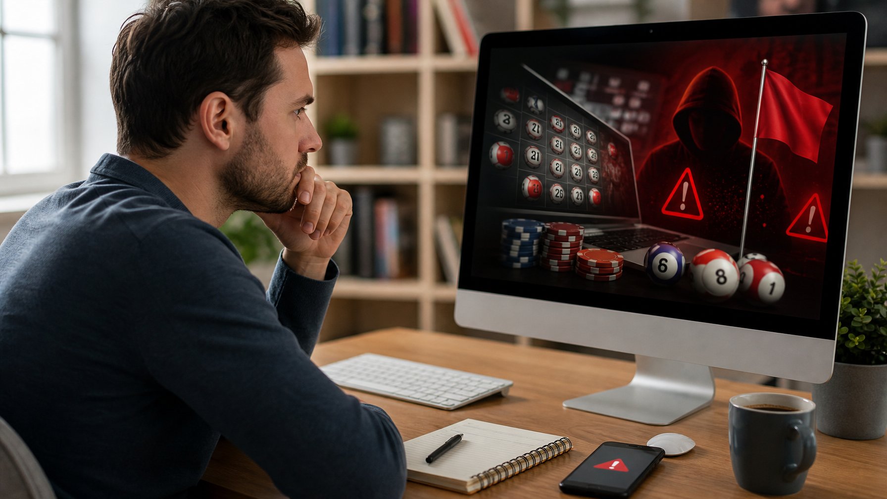 Seseorang duduk di meja dengan komputer, terlihat serius dan waspada saat melihat situs togel online yang mencurigakan.