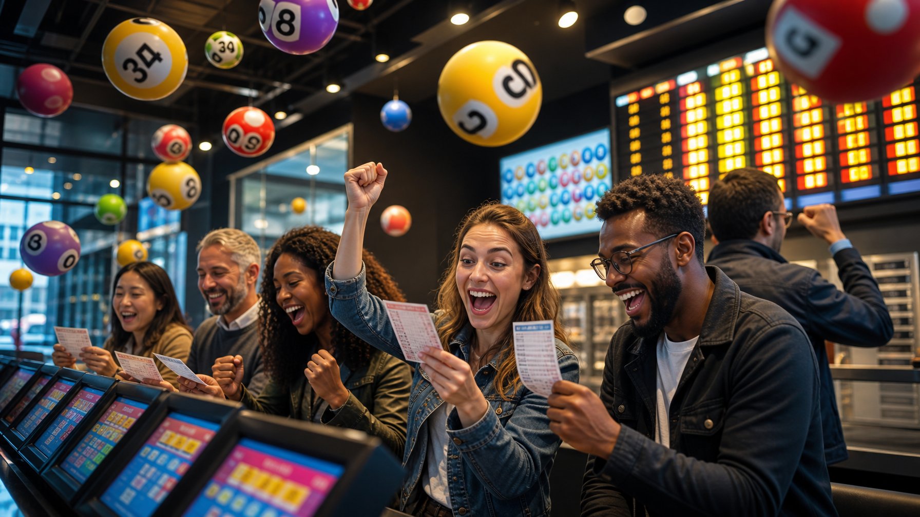 Sekelompok orang sedang bermain lotere dengan layar digital menampilkan angka dan hadiah besar, suasana penuh antusiasme dan kegembiraan.