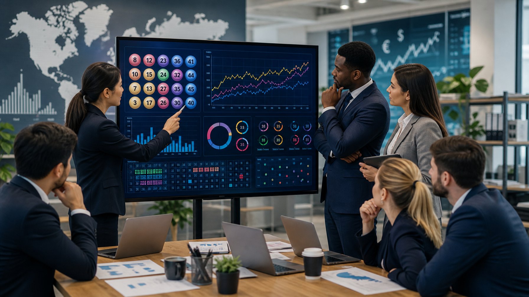 Sekelompok profesional sedang berdiskusi di kantor modern dengan layar digital menampilkan grafik dan data pasar resmi togel.