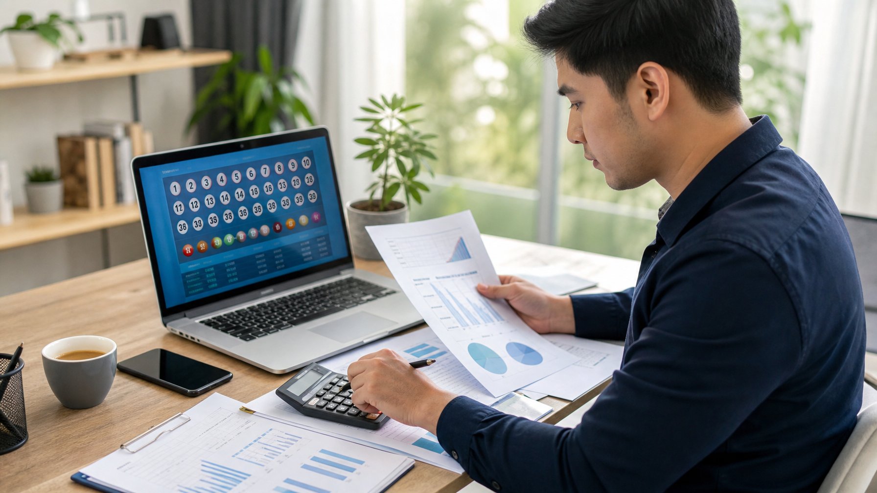 Seorang dewasa muda duduk di meja kerja dengan laptop, dokumen keuangan, dan kalkulator, fokus mengelola modal saat bermain togel online.