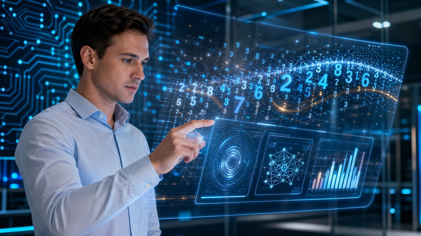 Seseorang menggunakan antarmuka digital modern dengan angka acak dan grafik di layar holografik, menggambarkan sistem penghasil angka acak pada permainan togel.
