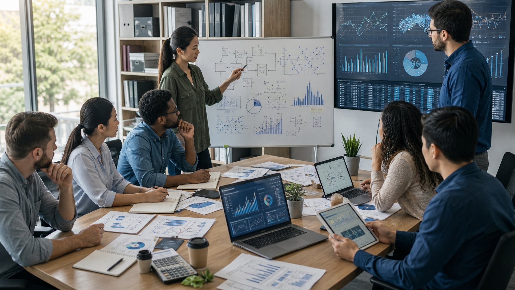 Sekelompok orang sedang berdiskusi dengan serius di ruang kantor modern dengan layar komputer menampilkan grafik dan data angka.