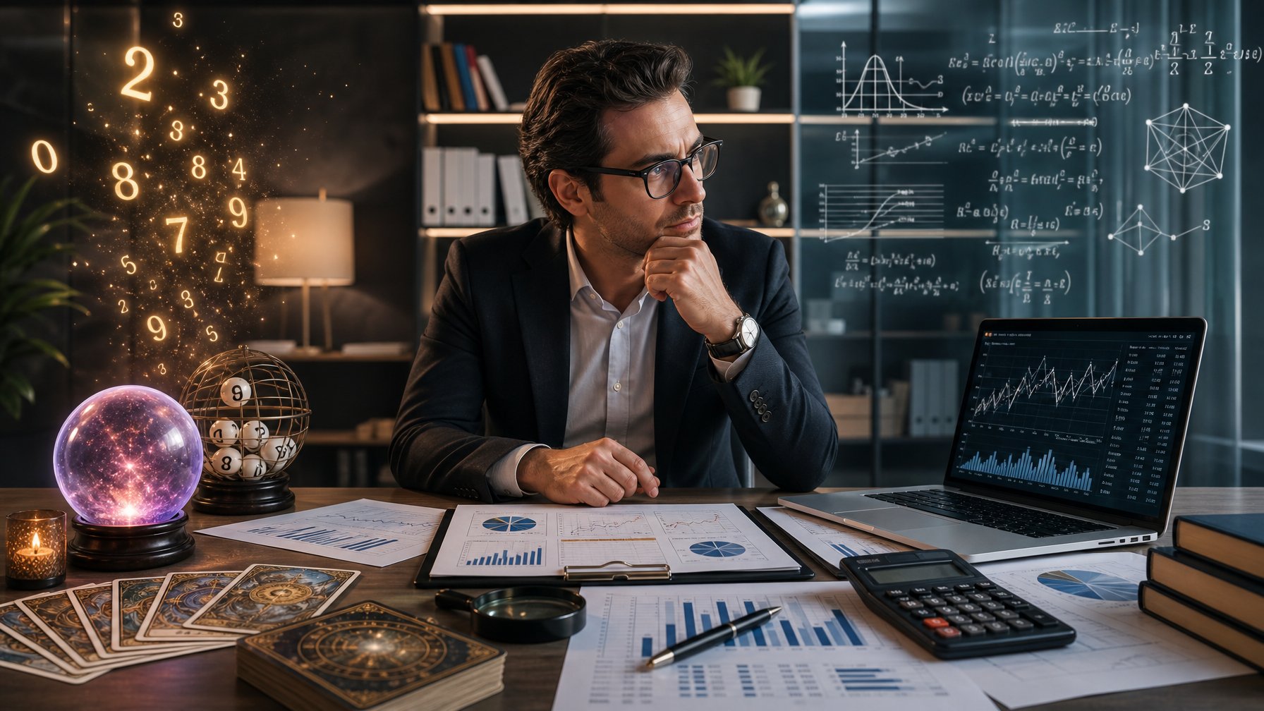 Seorang profesional duduk di meja kerja dengan dokumen, laptop, dan alat statistik, dikelilingi simbol mistis dan alat ilmiah yang menggambarkan mitos dan fakta tentang rumus prediksi angka dalam perjudian togel.
