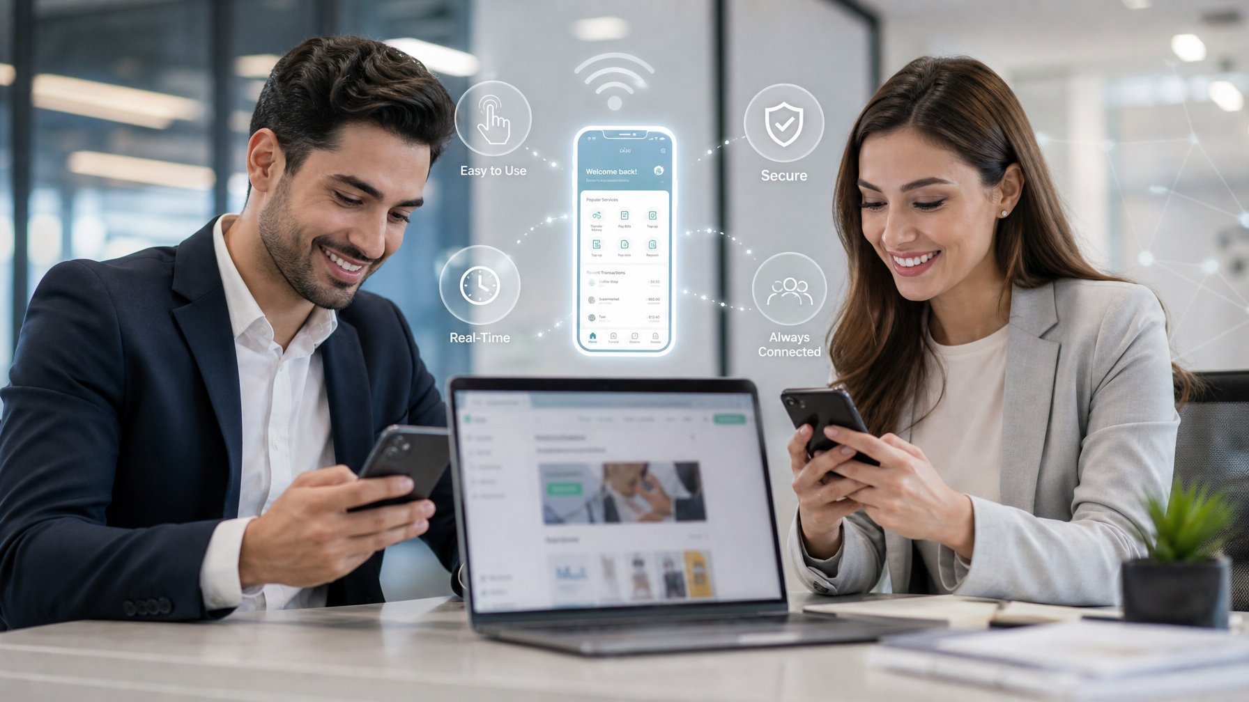 Dua orang muda duduk di meja kantor menggunakan ponsel dengan senyum, di belakangnya terlihat laptop dengan tampilan situs web kabur.
